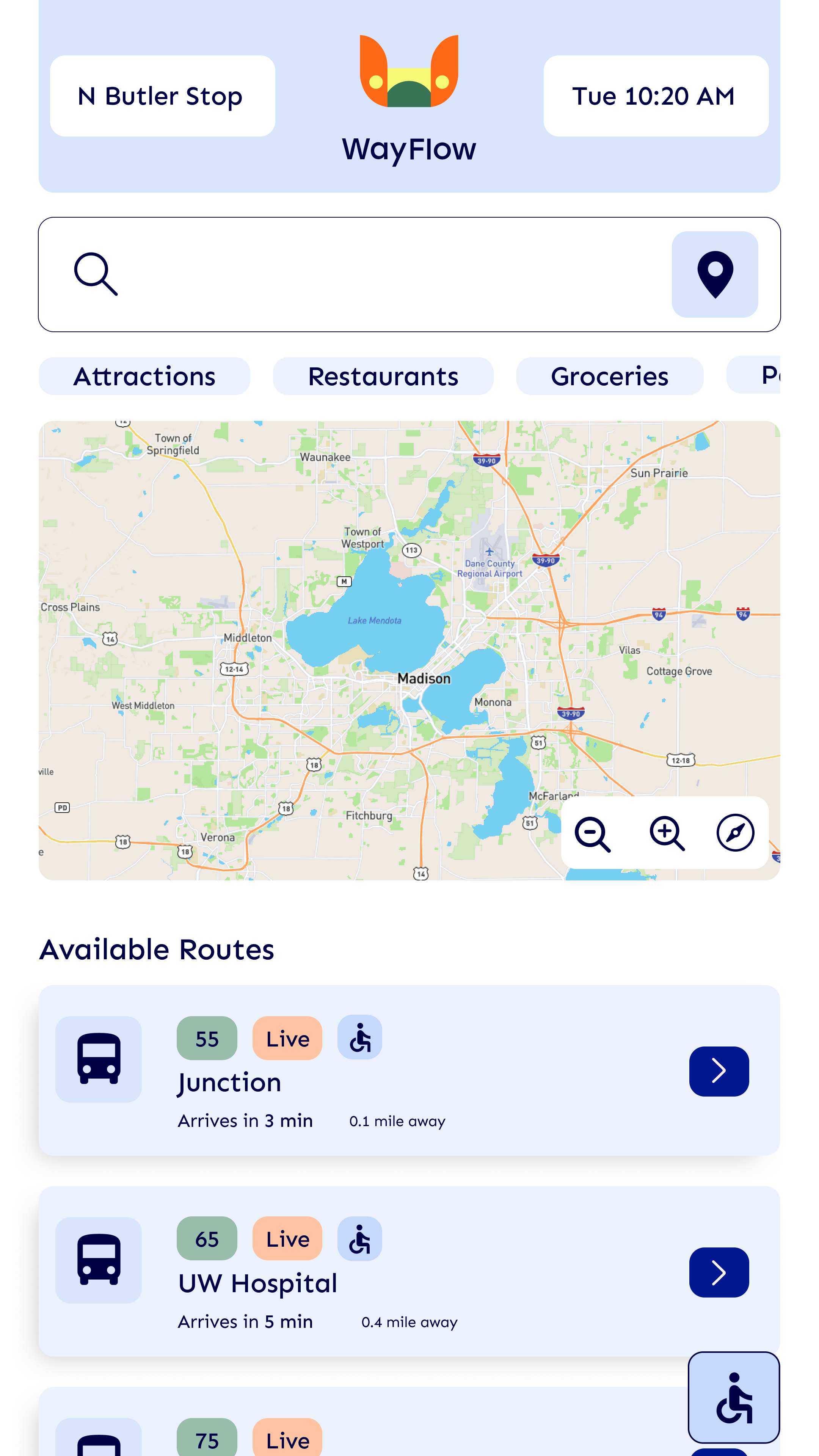 A digital map display from a transit app showing routes near Madison, Wisconsin, with stops at Junction and UW Hospital, and options to view attractions, restaurants, and groceries.