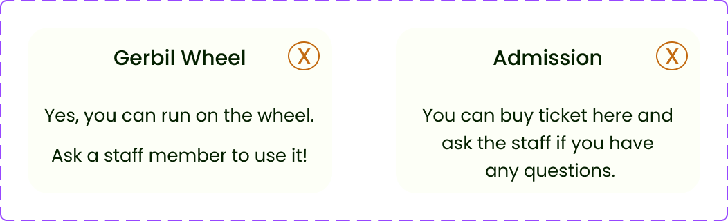 Sign explaining rules for a Gerbil Wheel and Admission at an exhibit or zoo.