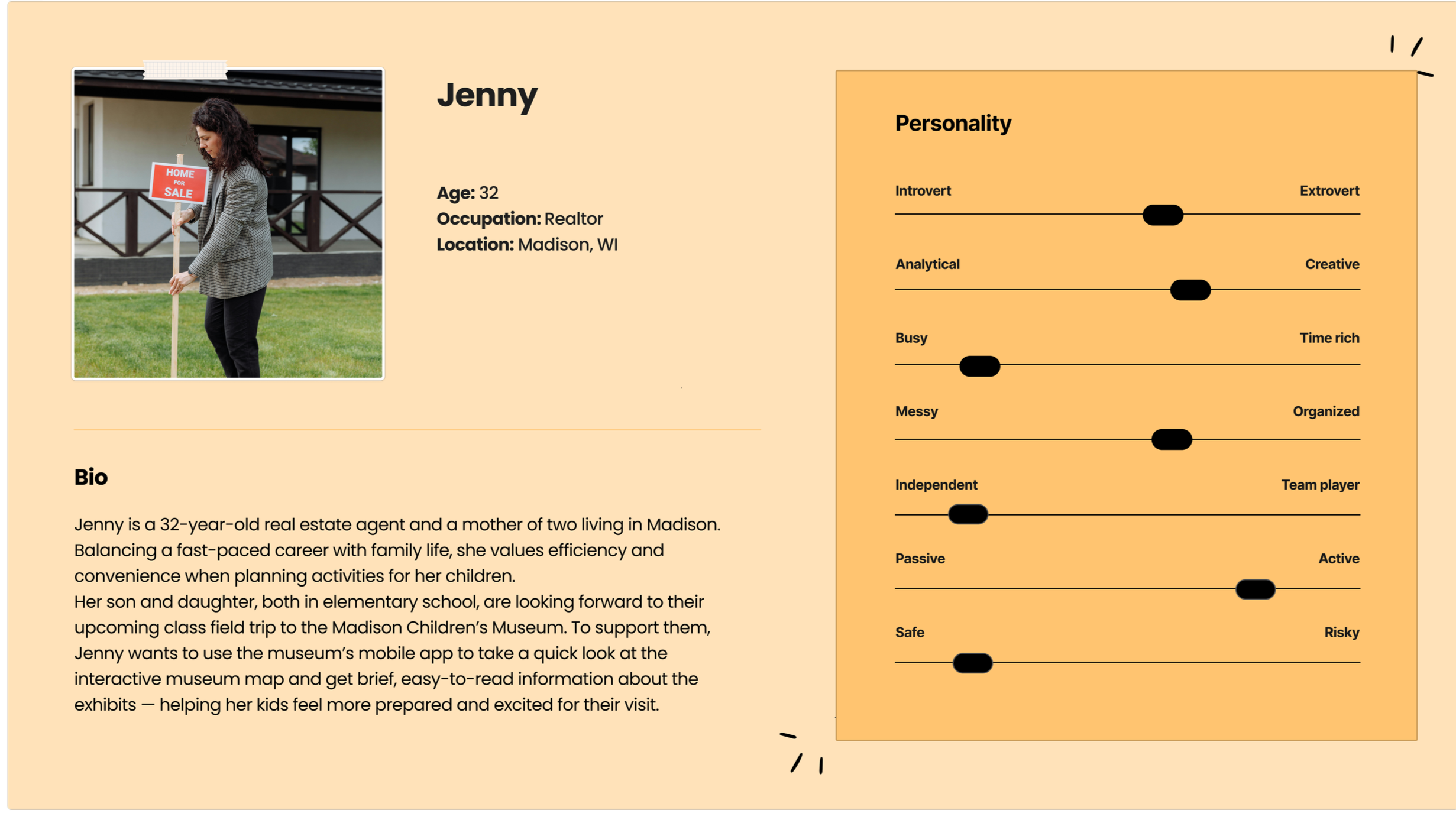 Profile of Jenny, a 32-year-old real estate agent in Madison, WI, with a photo of her holding a 'Home for Sale' sign outside a house, and a personality chart showing her traits as introverted, analytical, busy, messy, independent, passive, and safe.