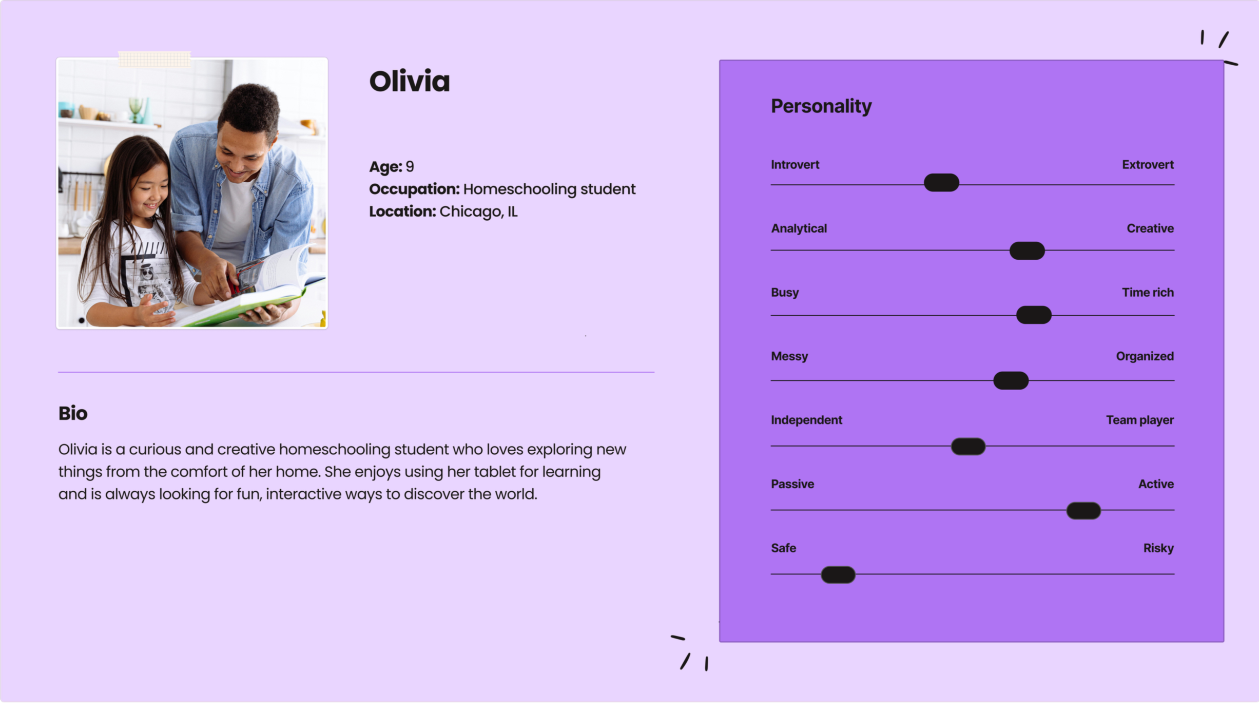 A digital profile of Olivia, a 9-year-old homeschooling student from Chicago, IL, showing her personality traits with sliders, a photo of her and an adult reading together, and a biographical description.