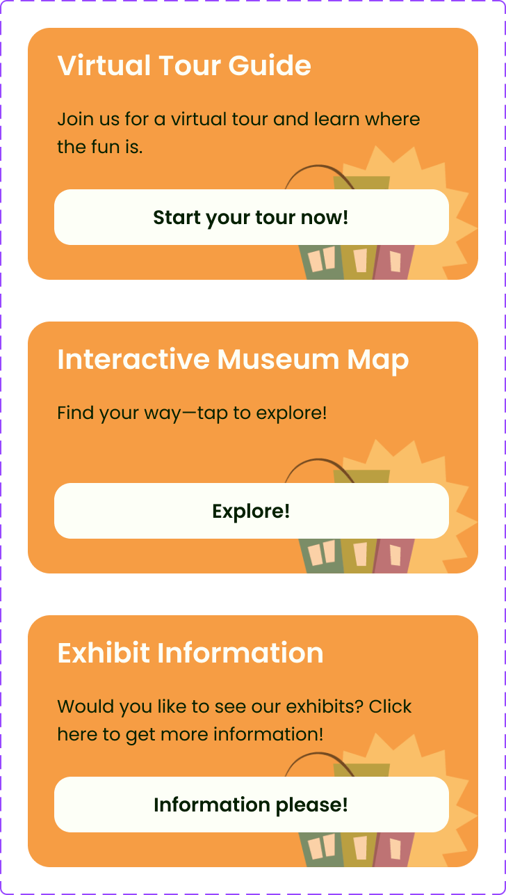 Screenshot of a virtual museum tour app with three sections: Virtual Tour Guide, Interactive Museum Map, and Exhibit Information, each with a call-to-action button.