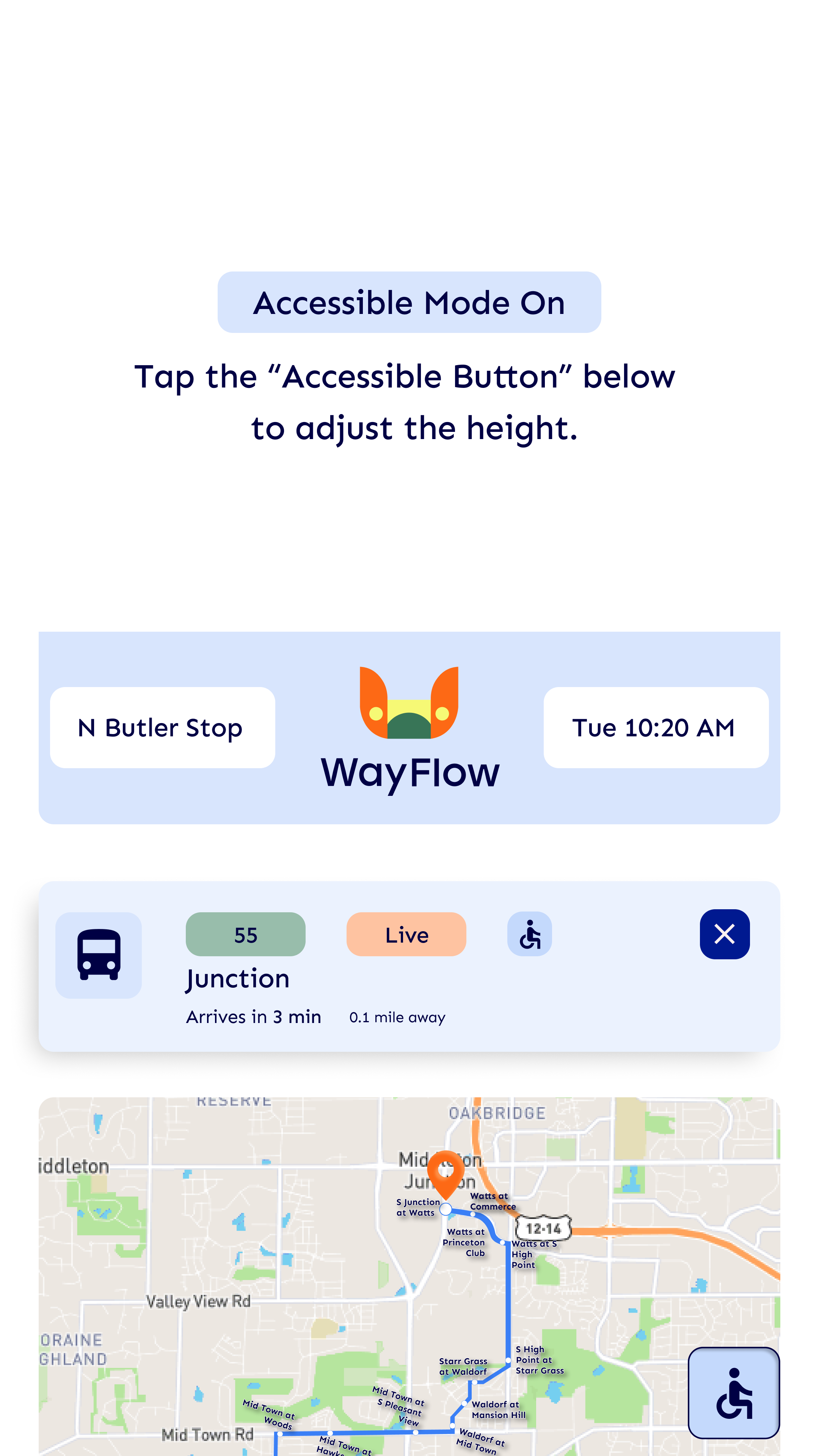 Mobile transit app screen showing accessible mode on, bus route 55 at Junction stop, arriving in 3 minutes, with a map of the bus route and nearby stops.