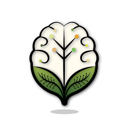 Illustration of a brain with a tree growing inside it, featuring green and orange ornaments, and green leaves at the base.