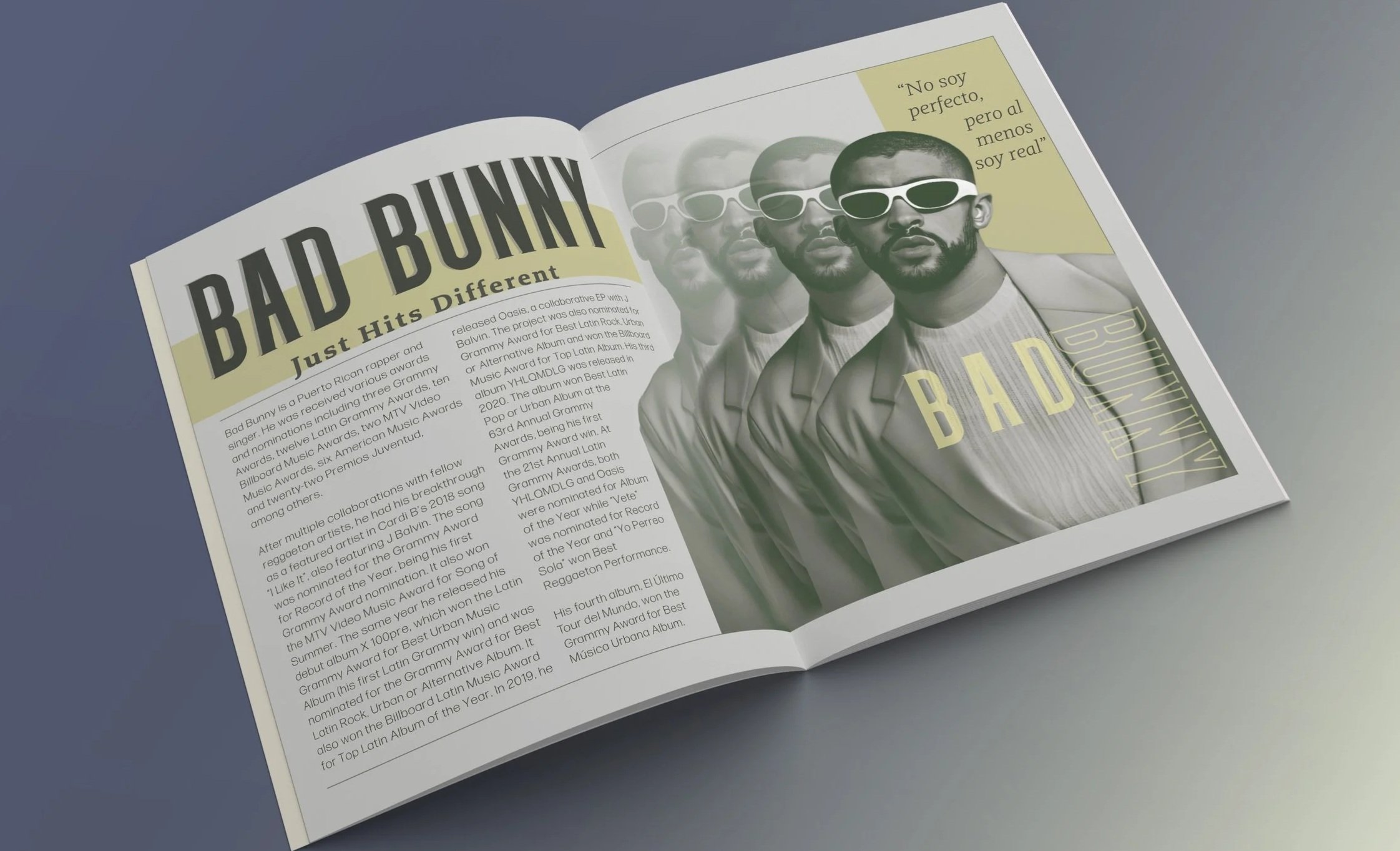 Magazine page featuring artist Bad Bunny with the headline 'Bad Bunny Just Hits Different'; includes a grayscale image of Bad Bunny with sunglasses and a quote in Spanish, set against a gray background.