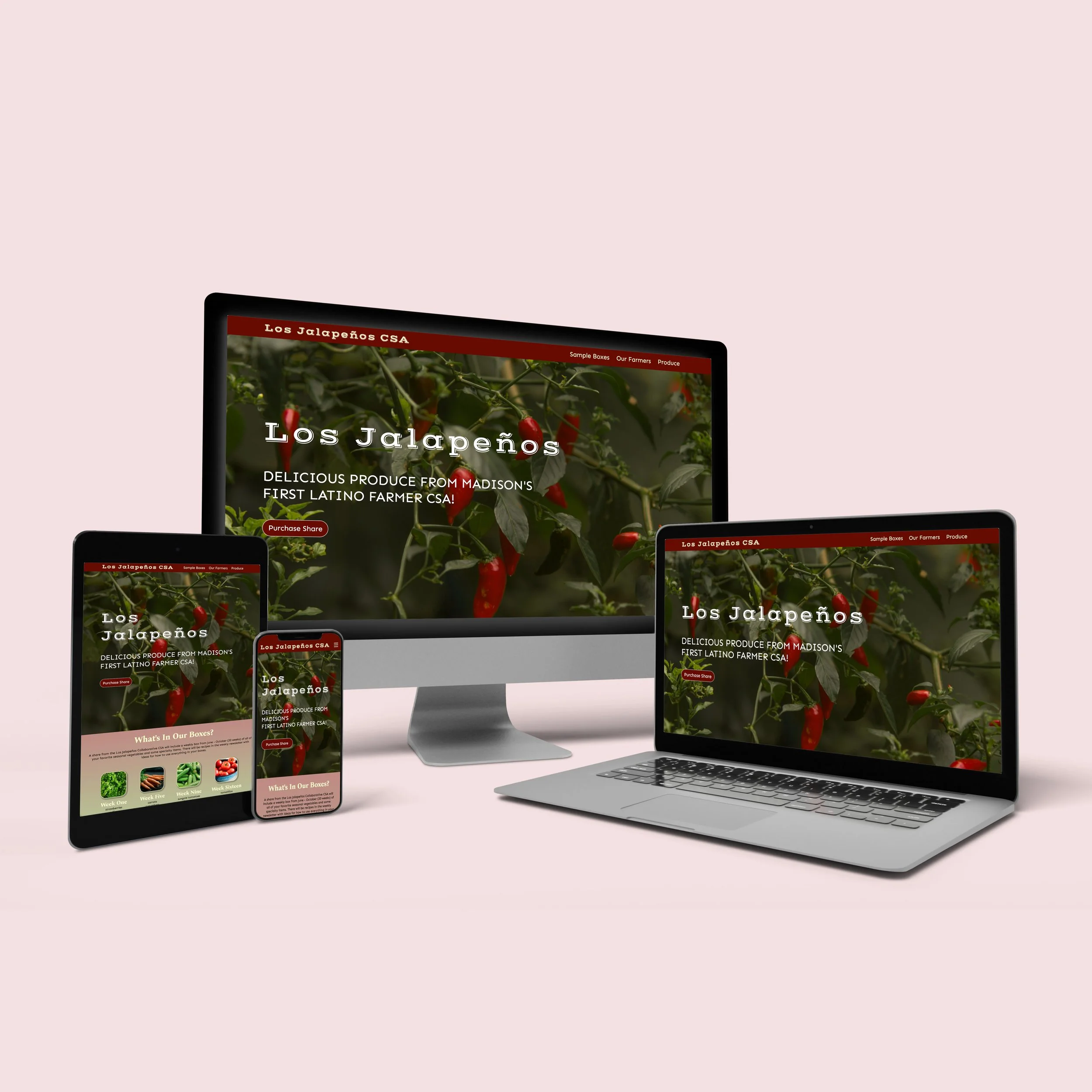 Multiple electronic devices displaying a website about Los Jalapeños, featuring a background image of jalapeño peppers on a plant.