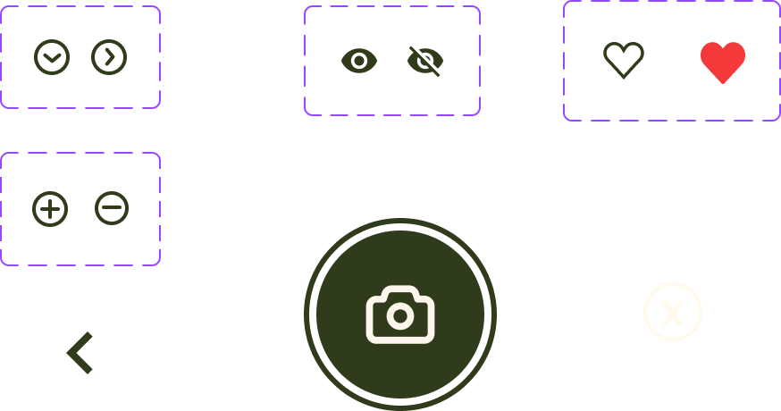 Camera settings interface with options for filters, focus, and exposure, and a central shutter button.