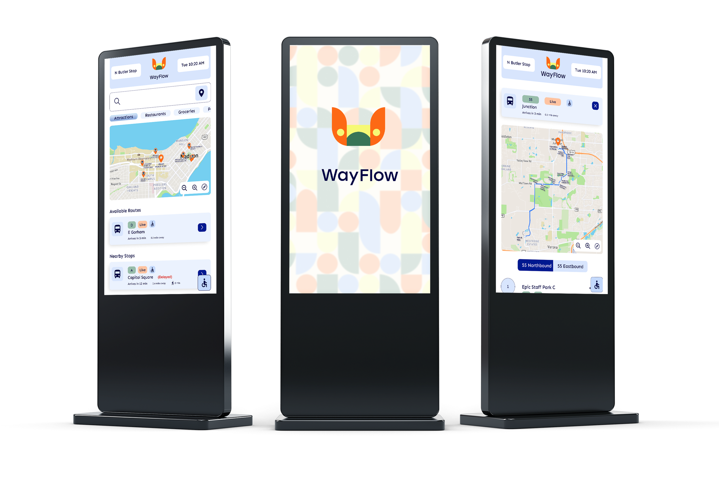 Three digital kiosks displaying the WayFlow transit app, featuring maps, bus routes, schedules, and nearby stops.