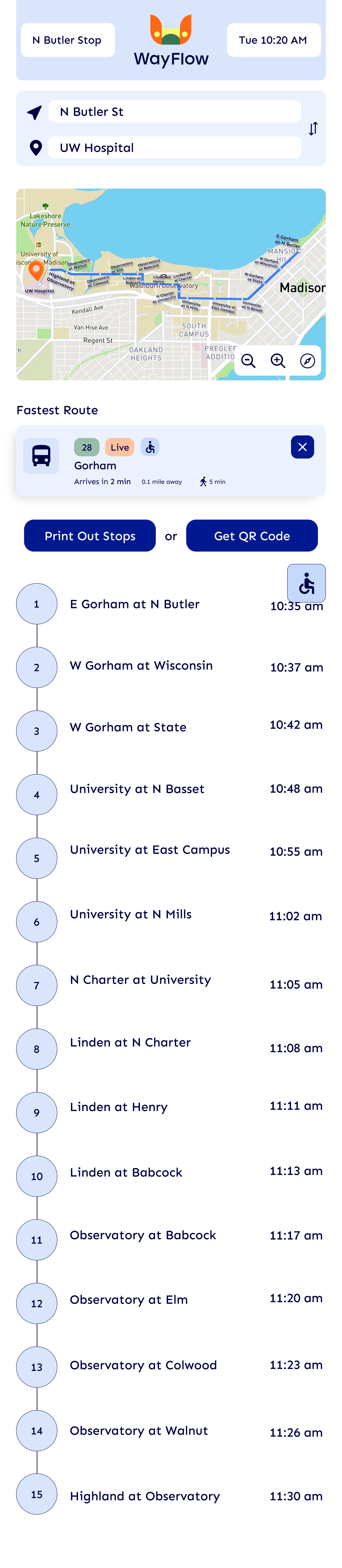 Mobile app display with transportation details, route map, stops, and times for a bus or transit system at UW Madison, showing stops from N Butler to Highland at Observatory.