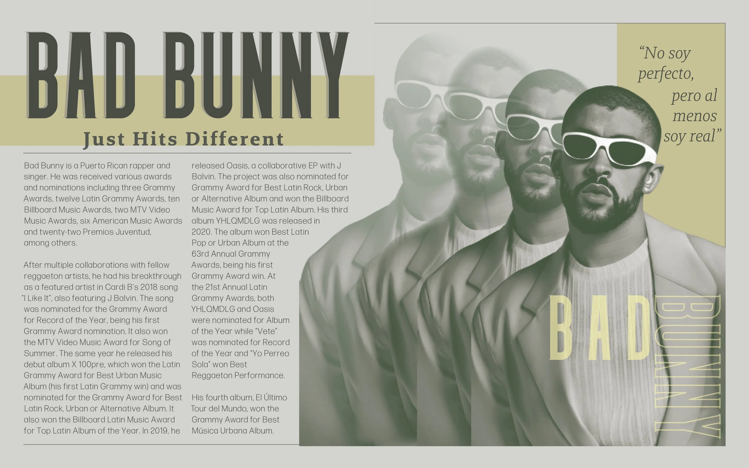 A promotional poster of Puerto Rican rapper Bad Bunny featuring a sepia-toned photo of him in sunglasses and a blazer, overlapping with a blurred background and text about his achievements and albums.