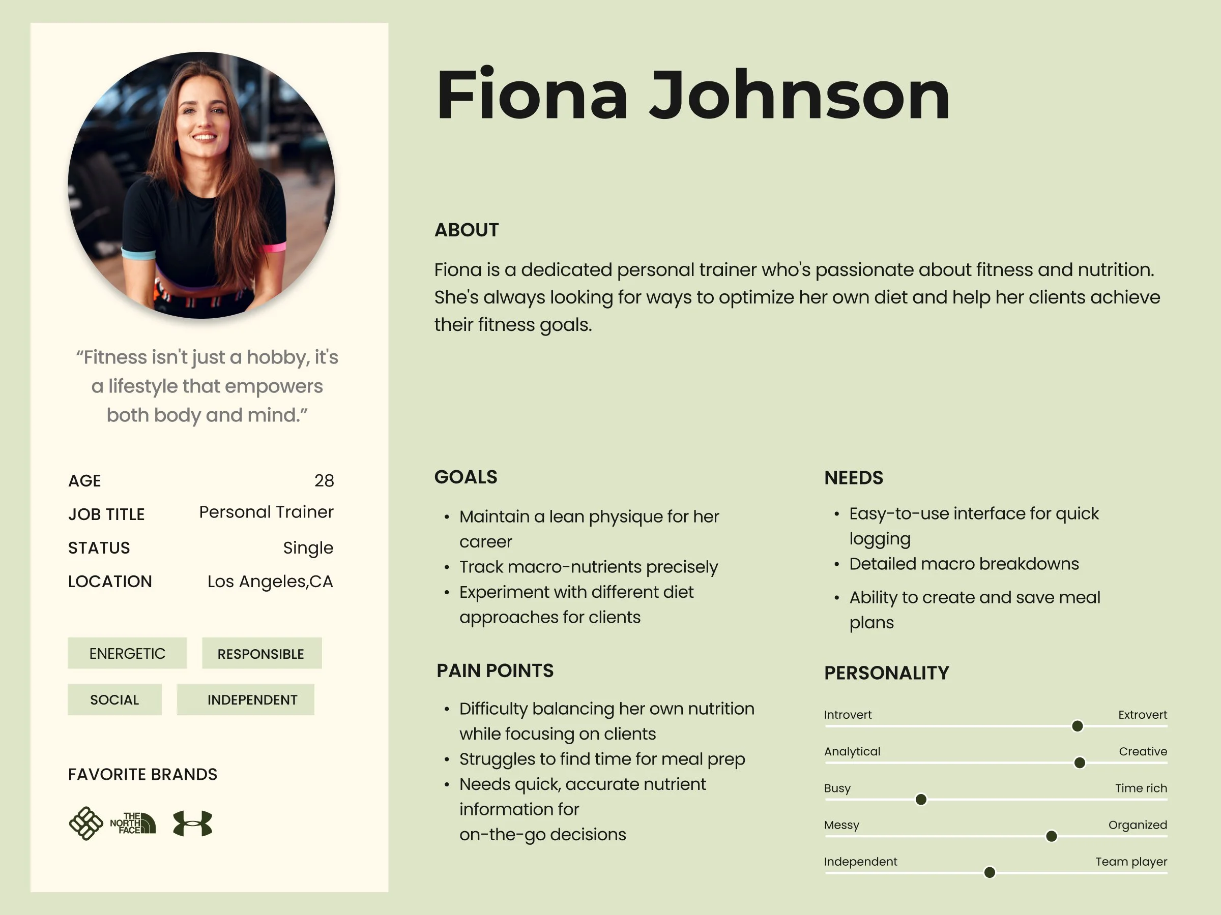 A personal trainer profile featuring a smiling woman with long brown hair, wearing a black shirt with colorful accents, sitting outdoors with a blurred background. The profile contains sections about her personal details, goals, needs, pain points, p