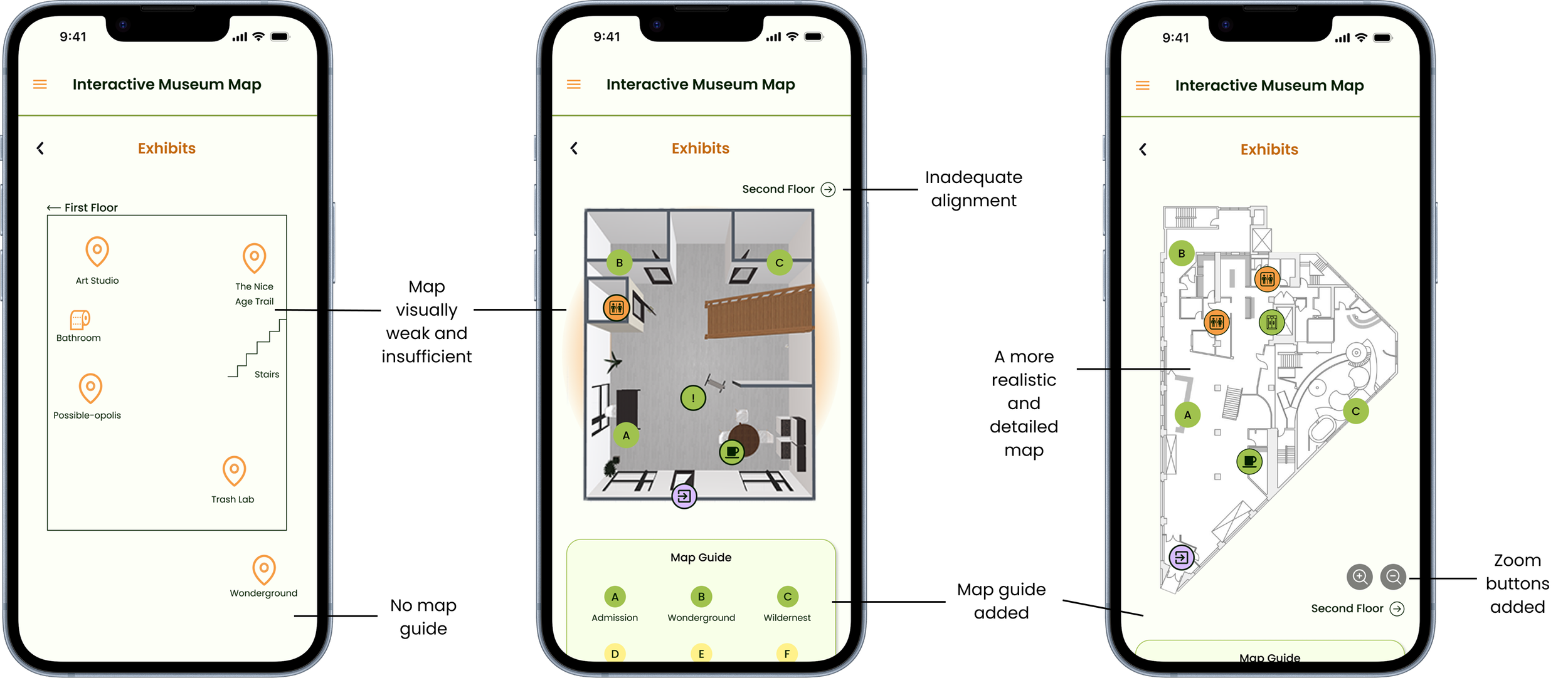 Screenshots of a mobile app showing an interactive museum map with three floors, including exhibit locations and floor plans.