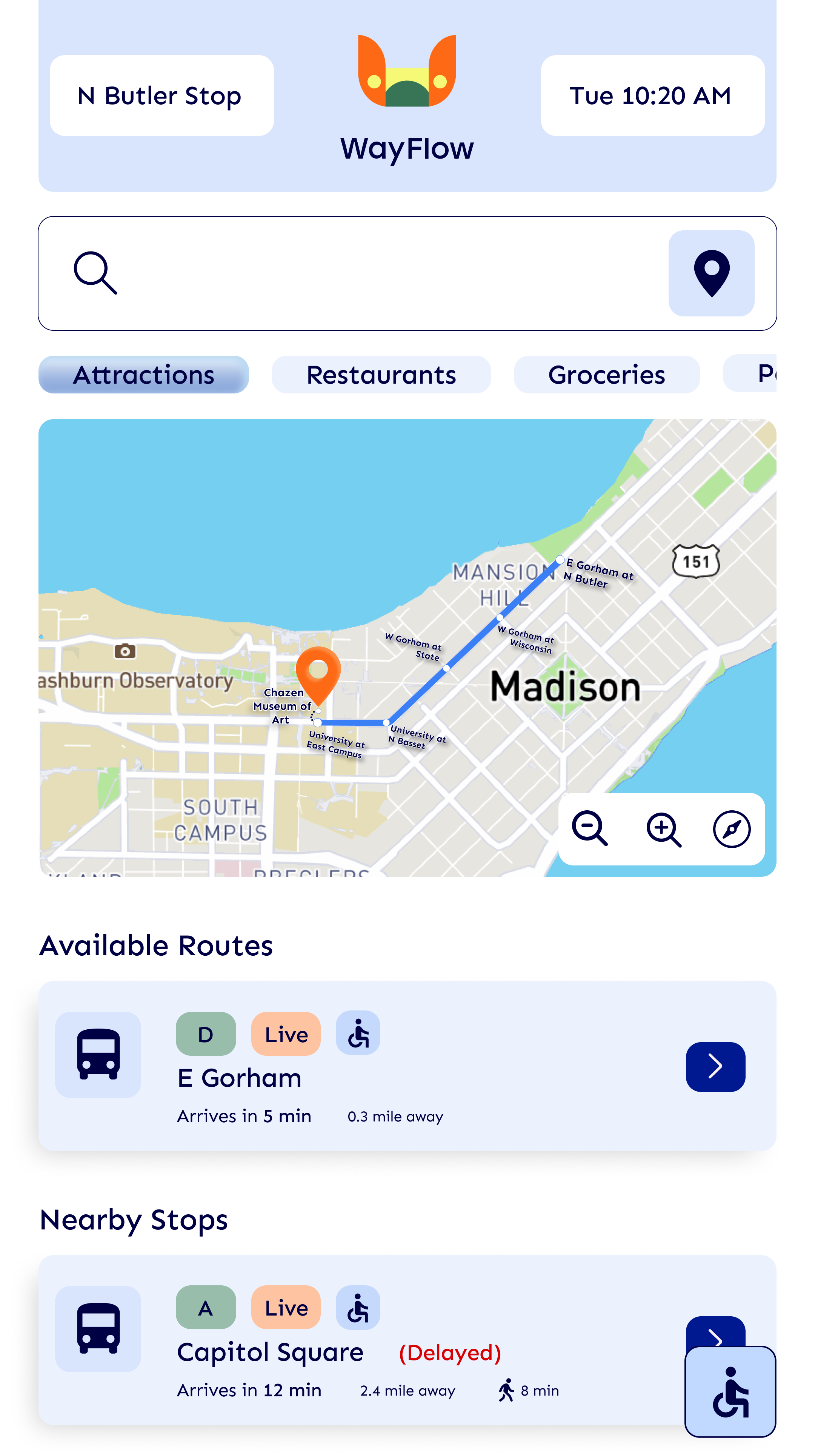 Mobile transit app screen showing bus routes and stops in Madison, Wisconsin, including options for E Gorham and Capitol Square stops with estimated arrival times and accessibility features.