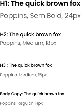 Typography sample showing text in different font styles and sizes: Poppins, SemiBold, 24px; Poppins, Medium, 18px; Poppins, Medium, 15px; Poppins, Regular, 14px.