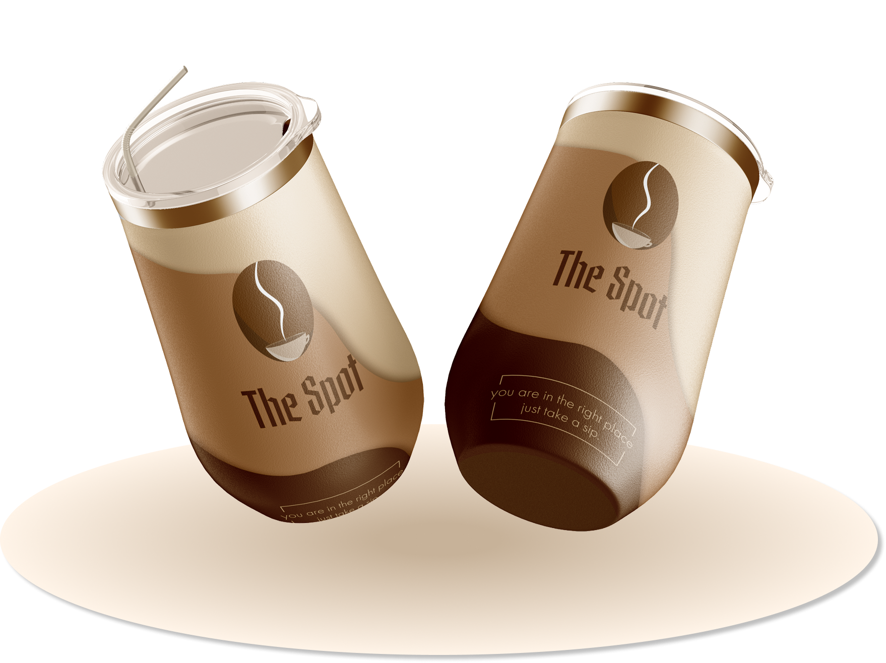 Two disposable coffee cups with brown sleeves and lids, positioned on a circular platform, featuring a coffee bean logo and the text "The Spot" and "You are in the right place just take a sip."