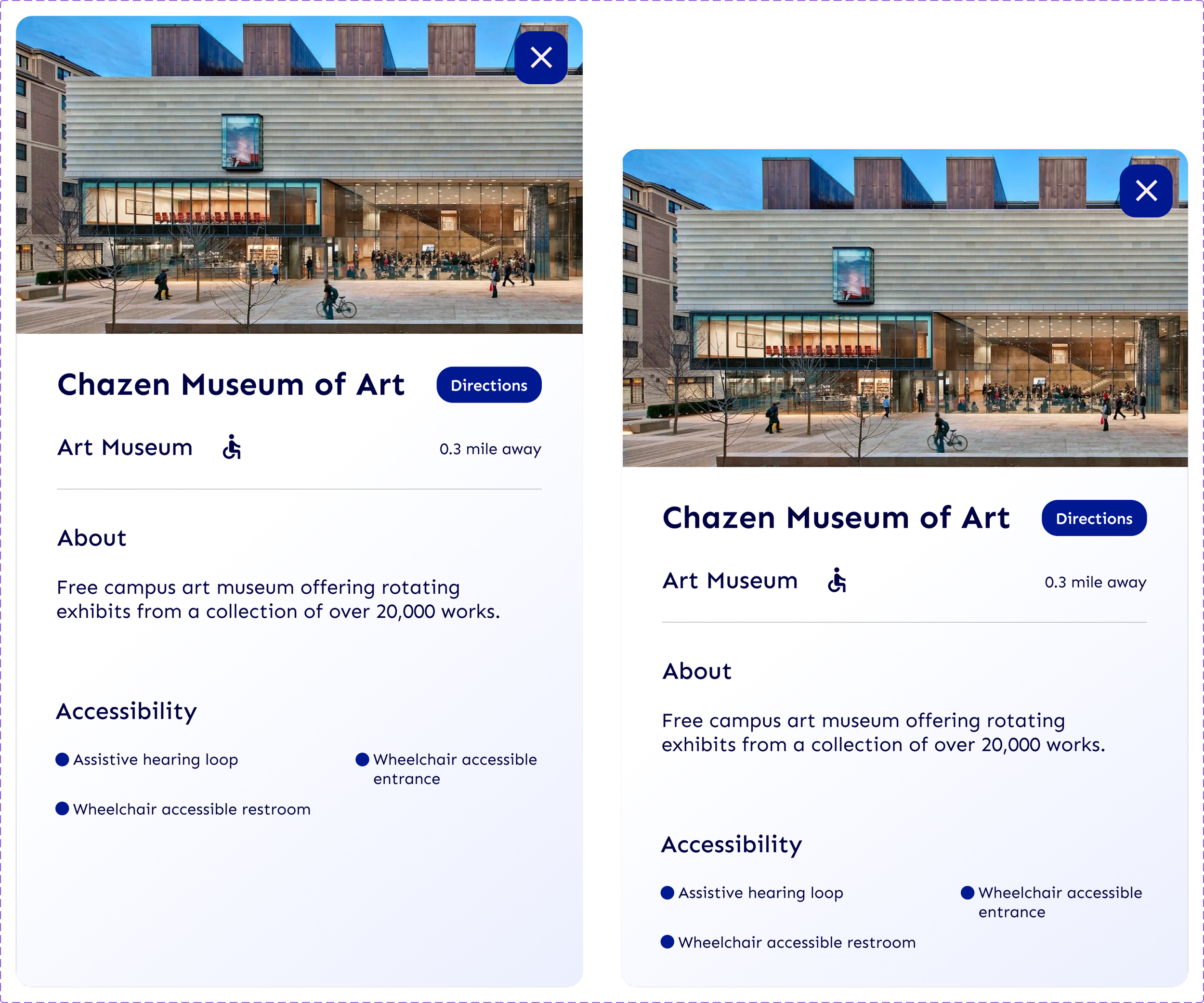 Component of two digital screens displaying information about the Chazen Museum of Art, including a photograph of the museum's exterior, name, directions button, distance, and accessibility features listed.
