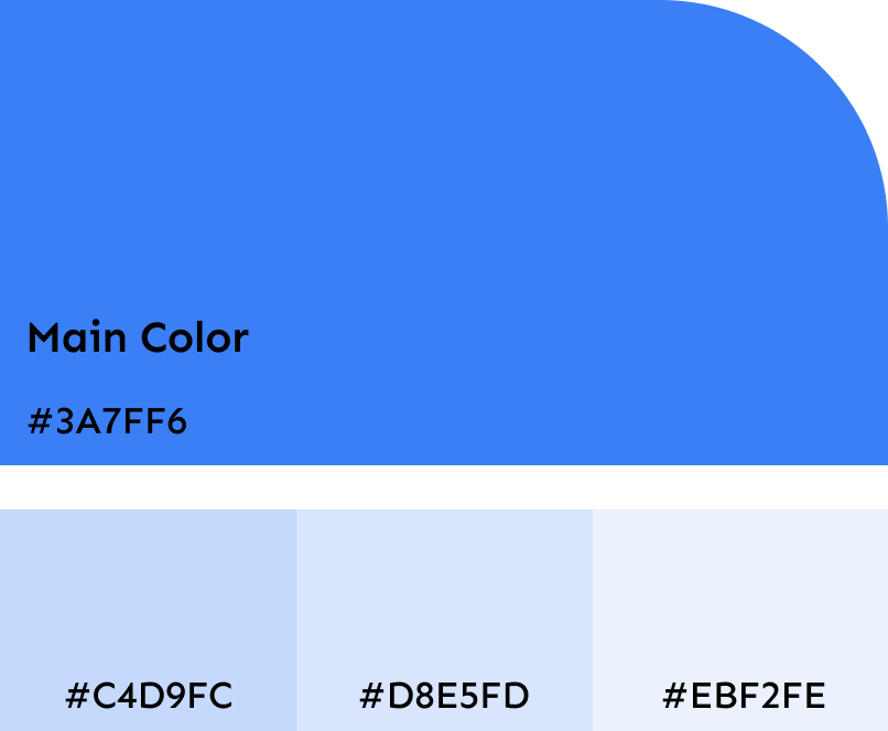 A color palette featuring a main blue color with the hex code #3A7FF6, alongside four additional swatches in varying shades of blue and gray.