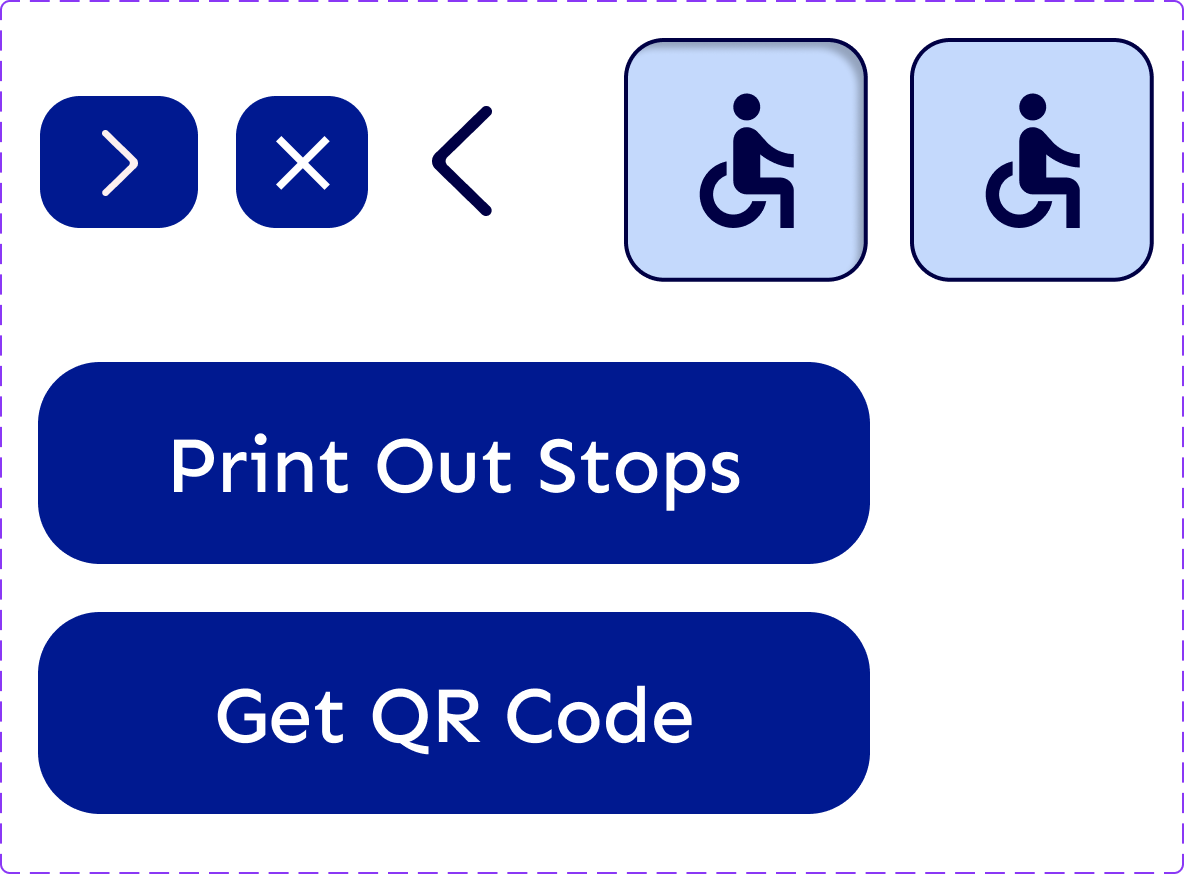 Screen displaying options to print stop lists or get a QR code, with icons for disabled access and navigation buttons.