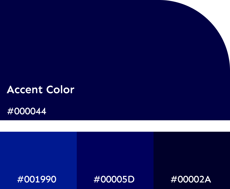 A digital color palette showing shades of blue with hexadecimal color codes, including a dark navy labeled 'Accent Color' #000044, and three lighter blue shades #001990, #00005D, and #00002A.