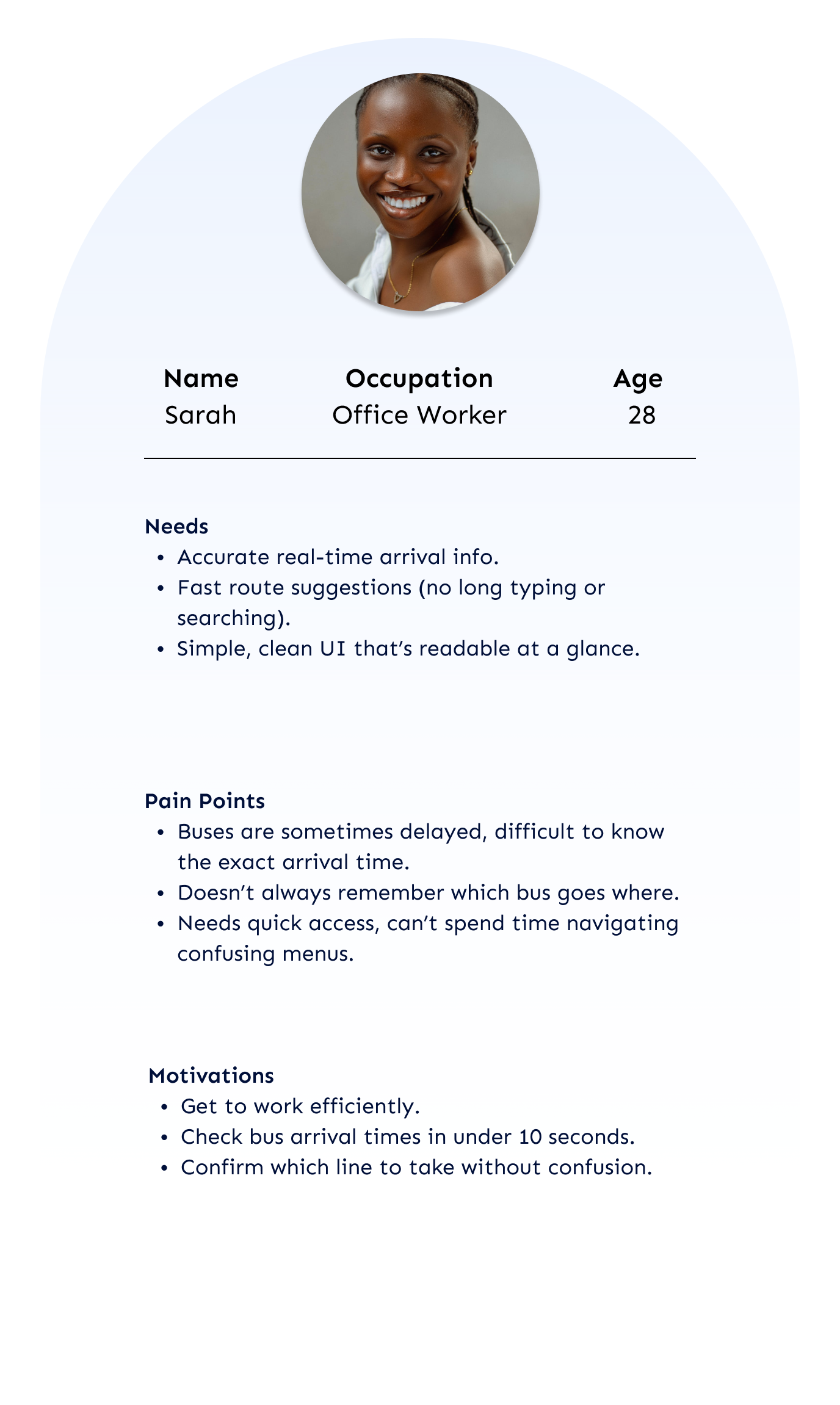 Profile card of Sarah, an office worker aged 28, with a photo of a smiling woman with dark skin, wearing a white top and a necklace, and details about her needs, pain points, and motivations related to bus arrivals.