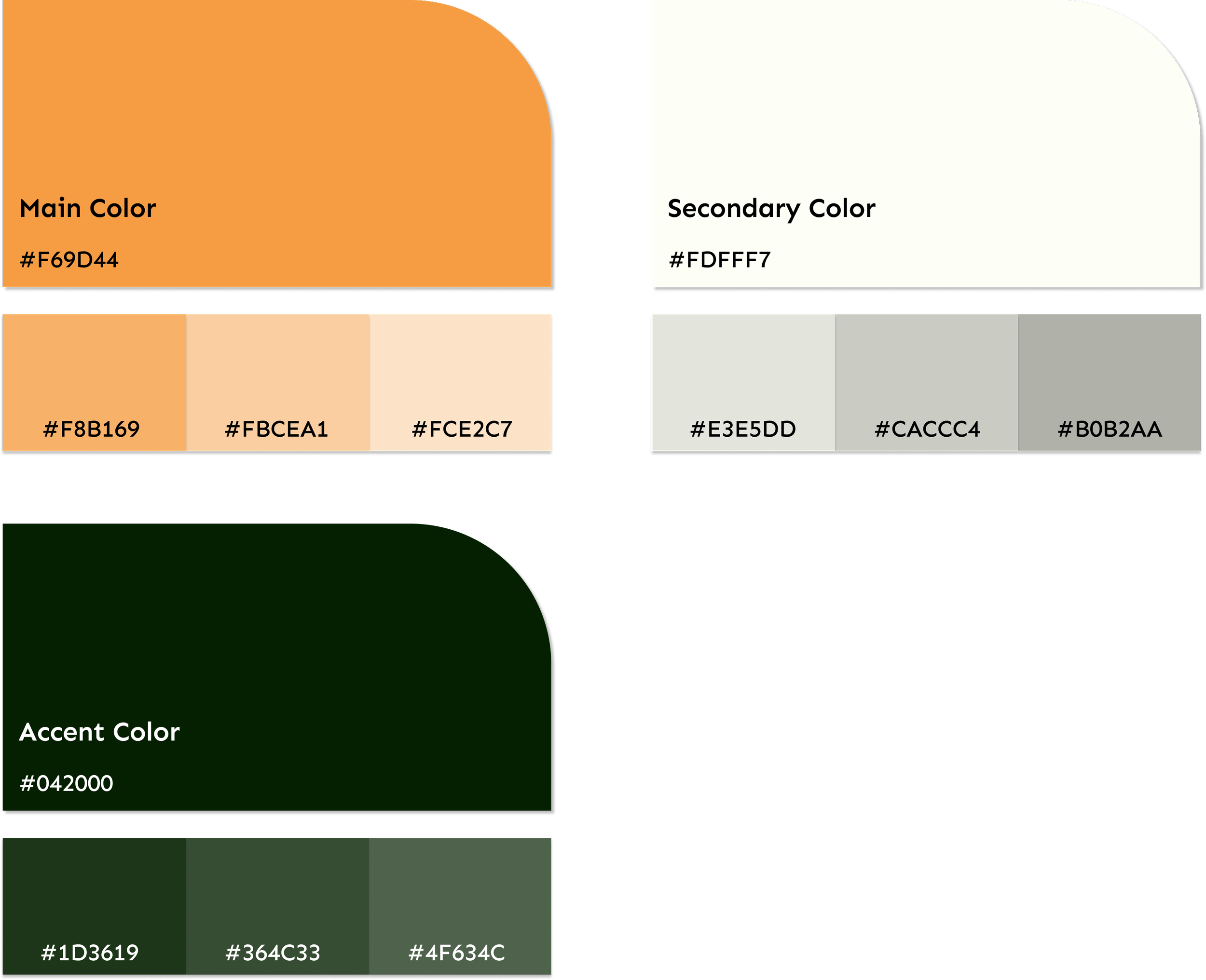 A color palette chart showing various shades of orange, cream, green, and gray with their hexadecimal color codes, organized into main, secondary, accent, and additional color sections.