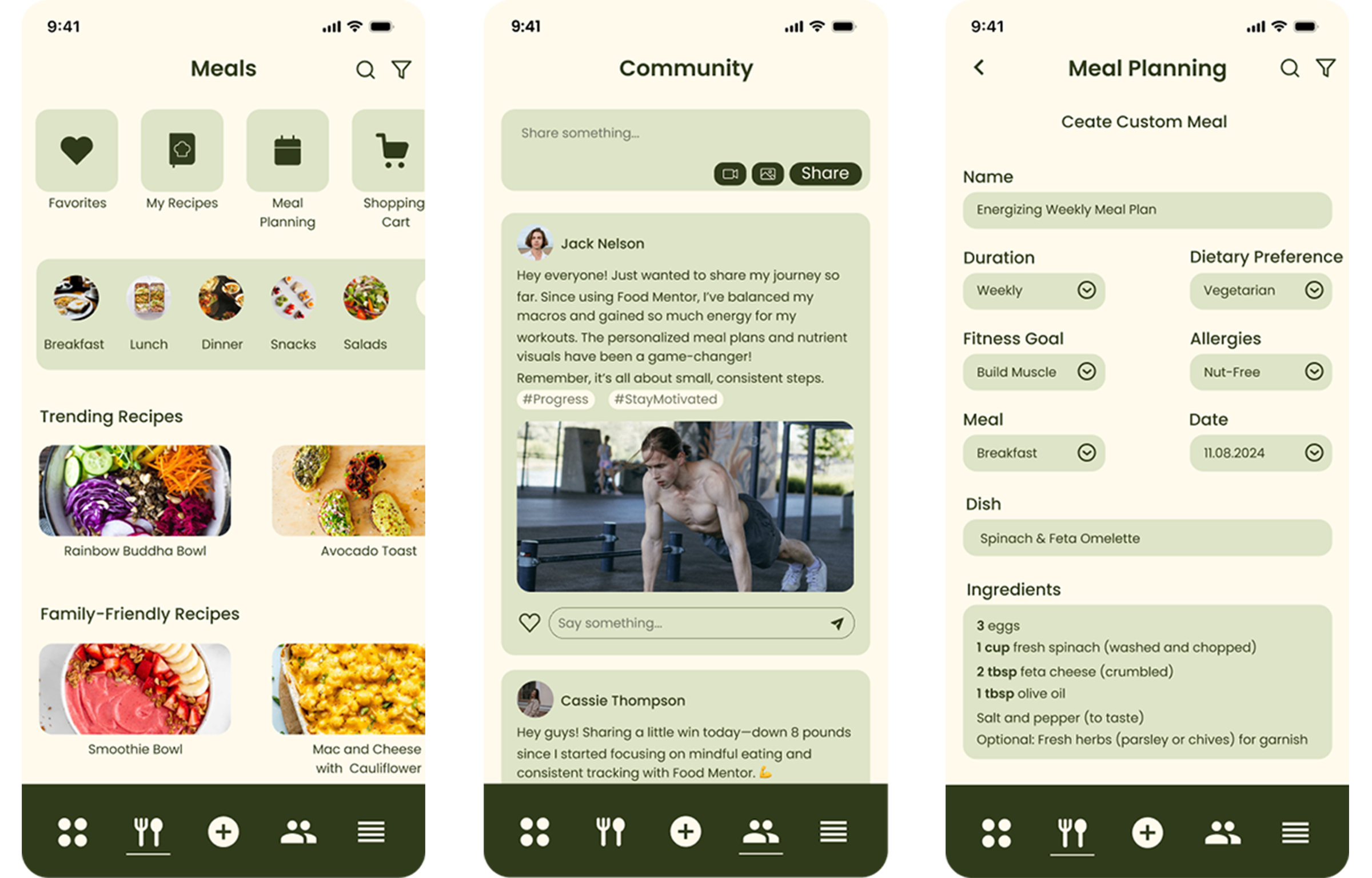 Screenshots of a meal planning app with three tabs: Meals, Community, and Meal Planning. The Meals tab displays meal categories like Breakfast, Lunch, Dinner, Snacks, and Salads, along with trending recipes such as Rainbow Buddha Bowl and Avocado Toa