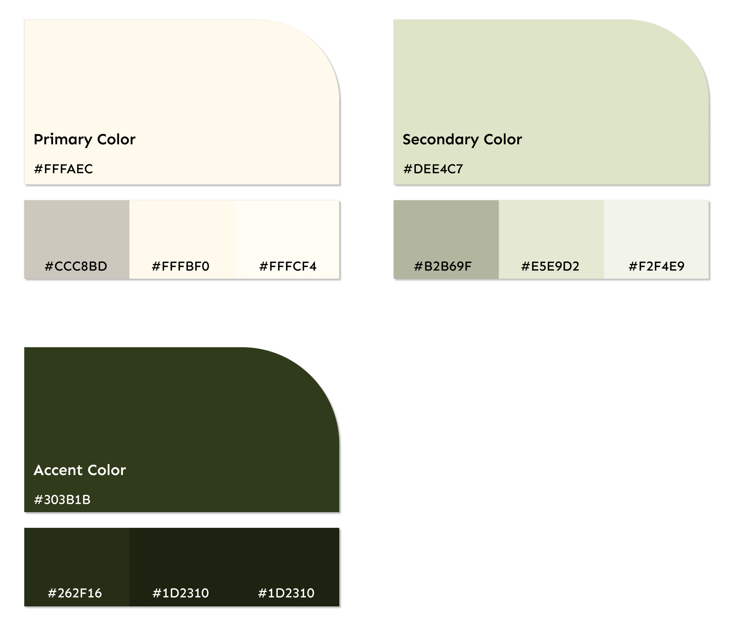 Color palette chart showing primary, secondary, accent, and shades of green and gray colors with their hex codes.