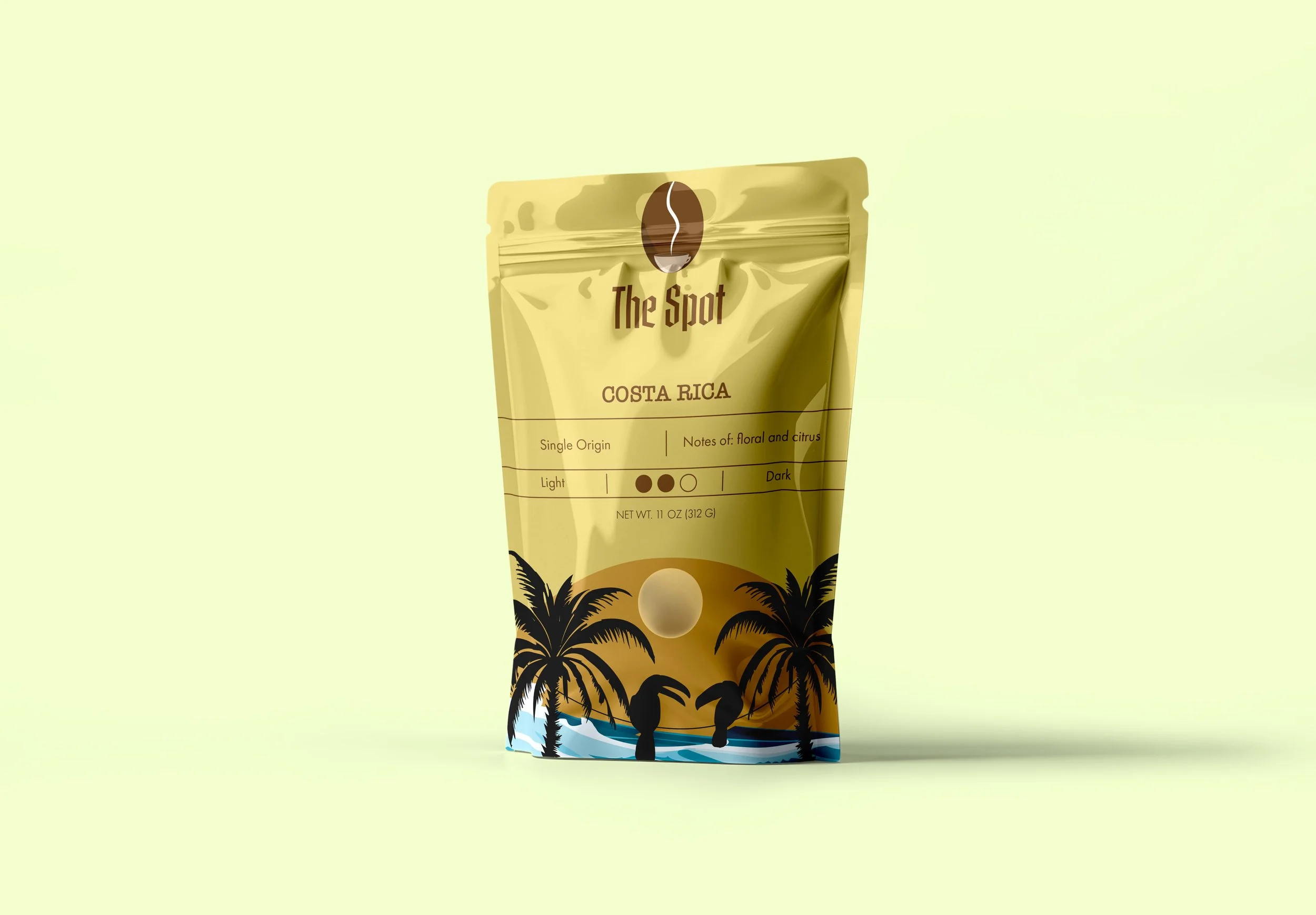 A package of coffee labeled 'The Spot' with a Costa Rica origin, featuring a sunset, palm trees, and water illustration on the front.