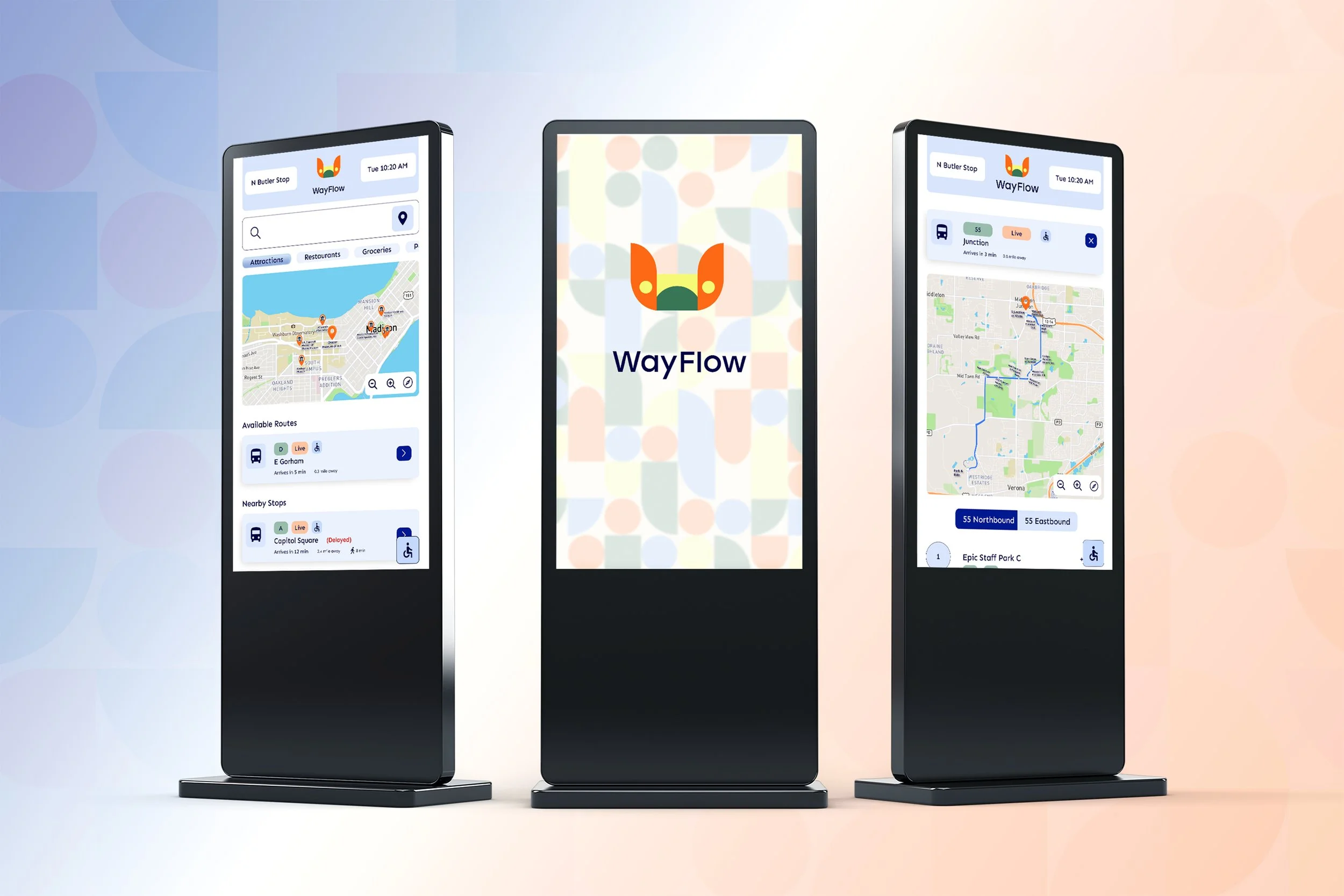 Three digital kiosks displaying the WayFlow app with maps and transit information, positioned against a colorful pastel background.