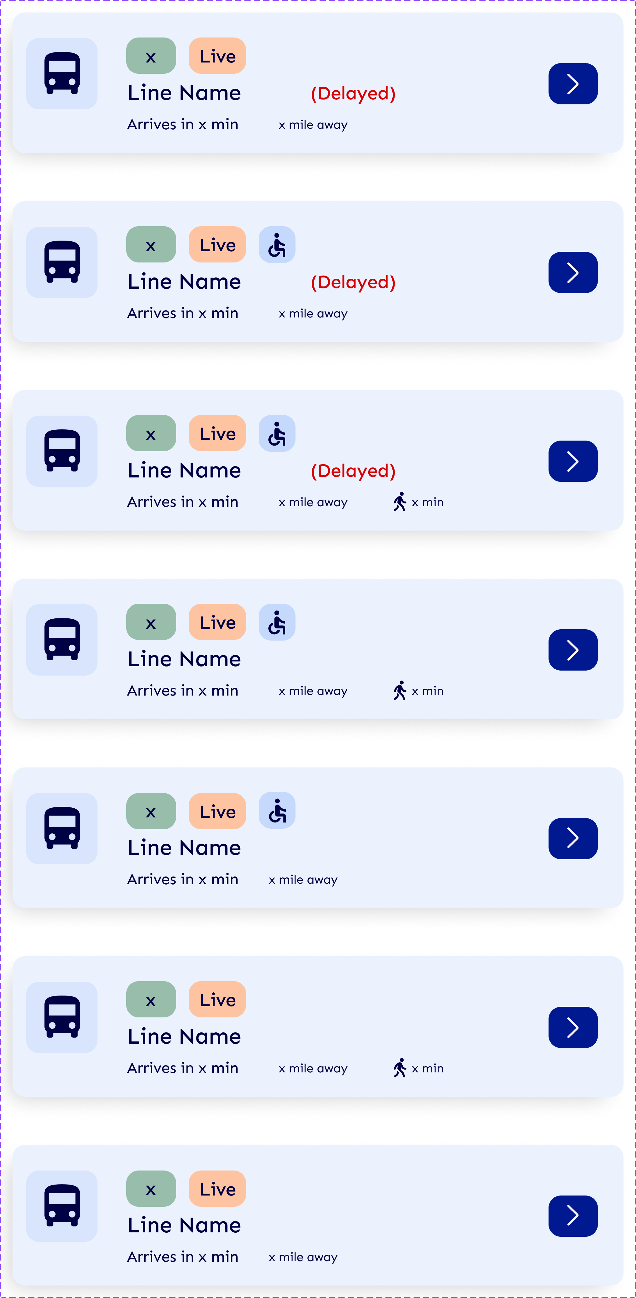 Series of transit app interface cards displaying bus line information, with icons for bus, live status, accessibility, and walk icon, some marked as delayed.