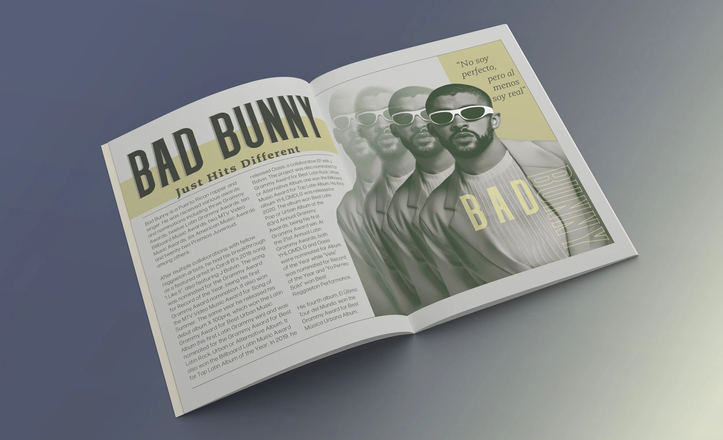 Magazine page featuring artist Bad Bunny with the headline 'Bad Bunny Just Hits Different'; includes a grayscale image of Bad Bunny with sunglasses and a quote in Spanish, set against a gray background.