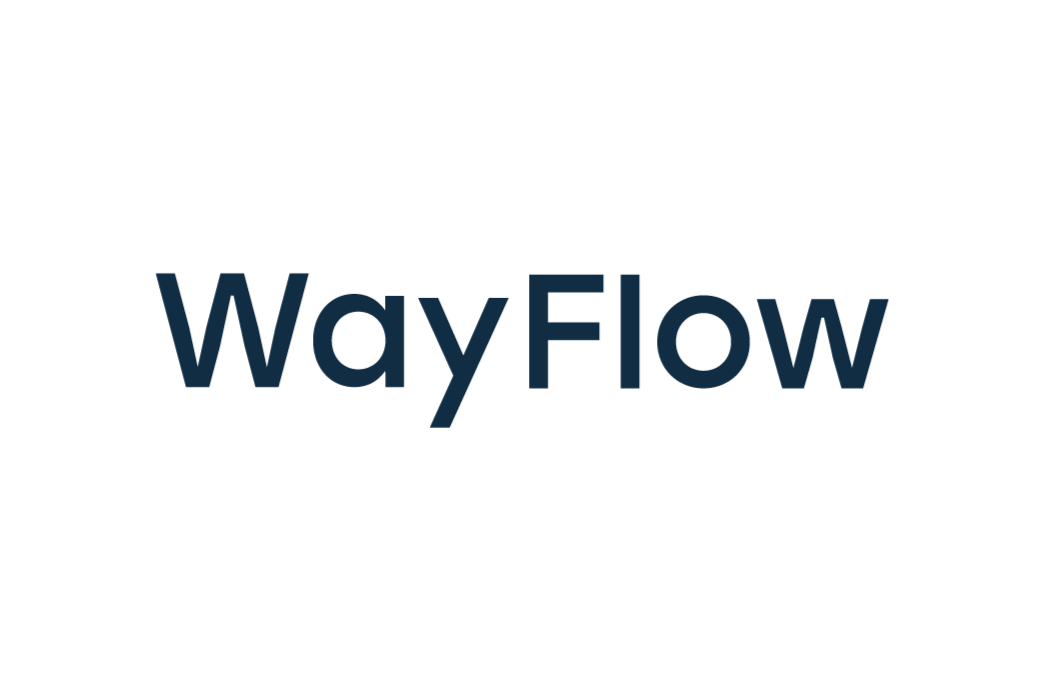 Logo with the text 'WayFlow' in dark blue over a black background.