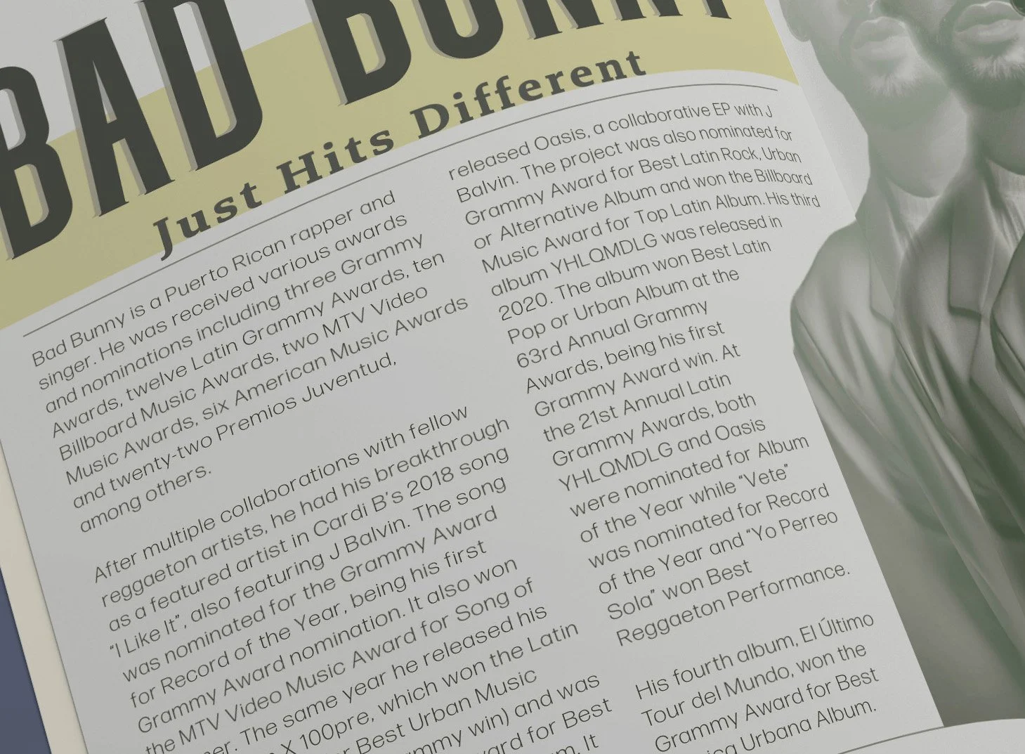 An article about musical artist Bad Bunny, detailing his awards, collaborations, and achievements, including Grammy Awards and MTV Video Music Awards.