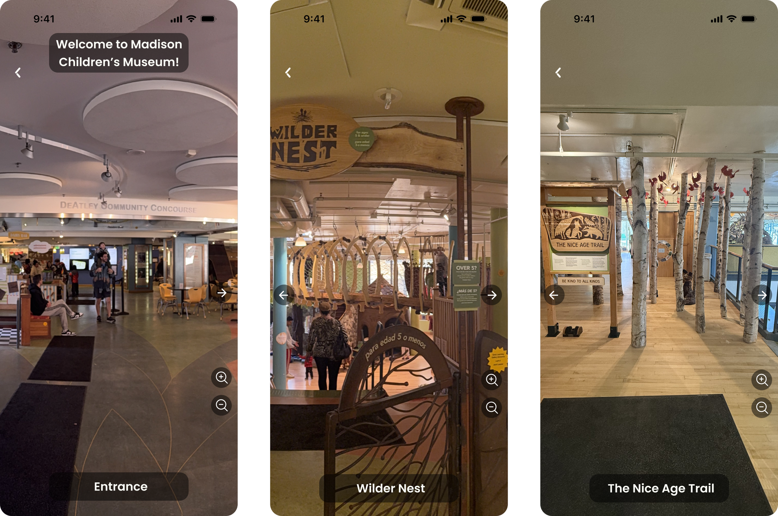 Photos of different areas inside Madison Children's Museum, including the main entrance, Wilder Nest play area with climbing structures, and The Nice Age Trail with educational displays and pretend trees.