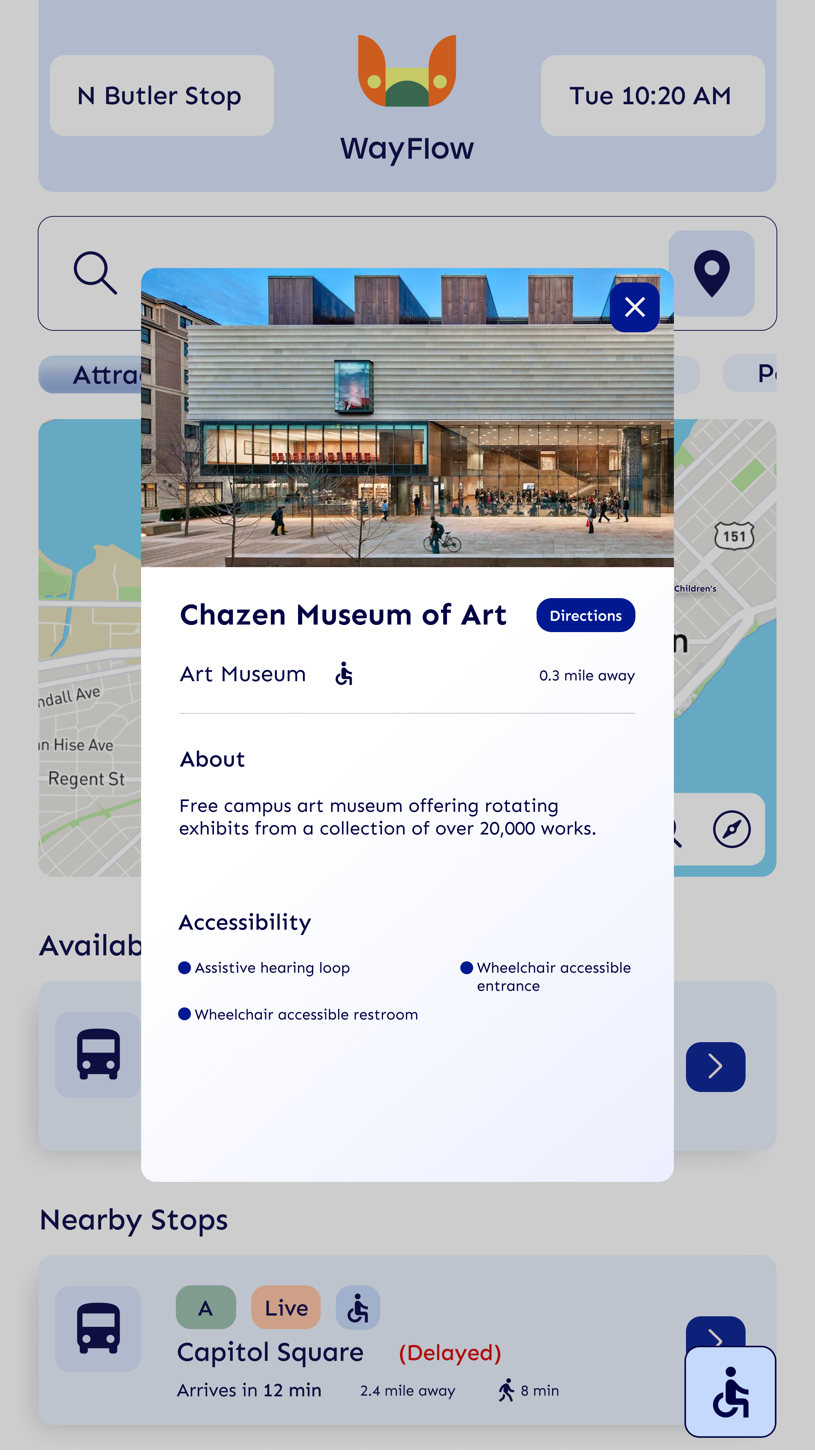 Mobile app screen showing information about the Chazen Museum of Art, including a photo of the museum's exterior, address, description of exhibits, accessibility features, and nearby transit stops.