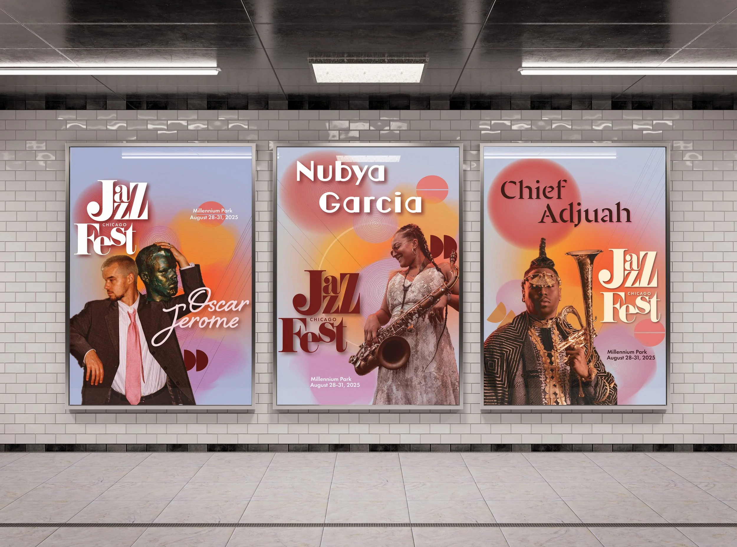 Three posters for the Chicago Jazz Fest at Millennium Park from August 28-31, 2025. The left poster features a man in a suit with a green bronze face statue beside him, titled 'Oscar Jerome.' The middle poster shows a woman with dreadlocks playing a saxophone, titled 'Nubya Garcia.' The right poster displays a man in holding a trumpet, titled 'Chief Adjuah.'
