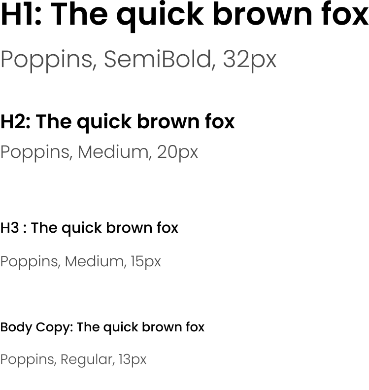 A collection of text samples showcasing different font styles and sizes, including semi-bold, medium, and regular weights of the Poppins font.