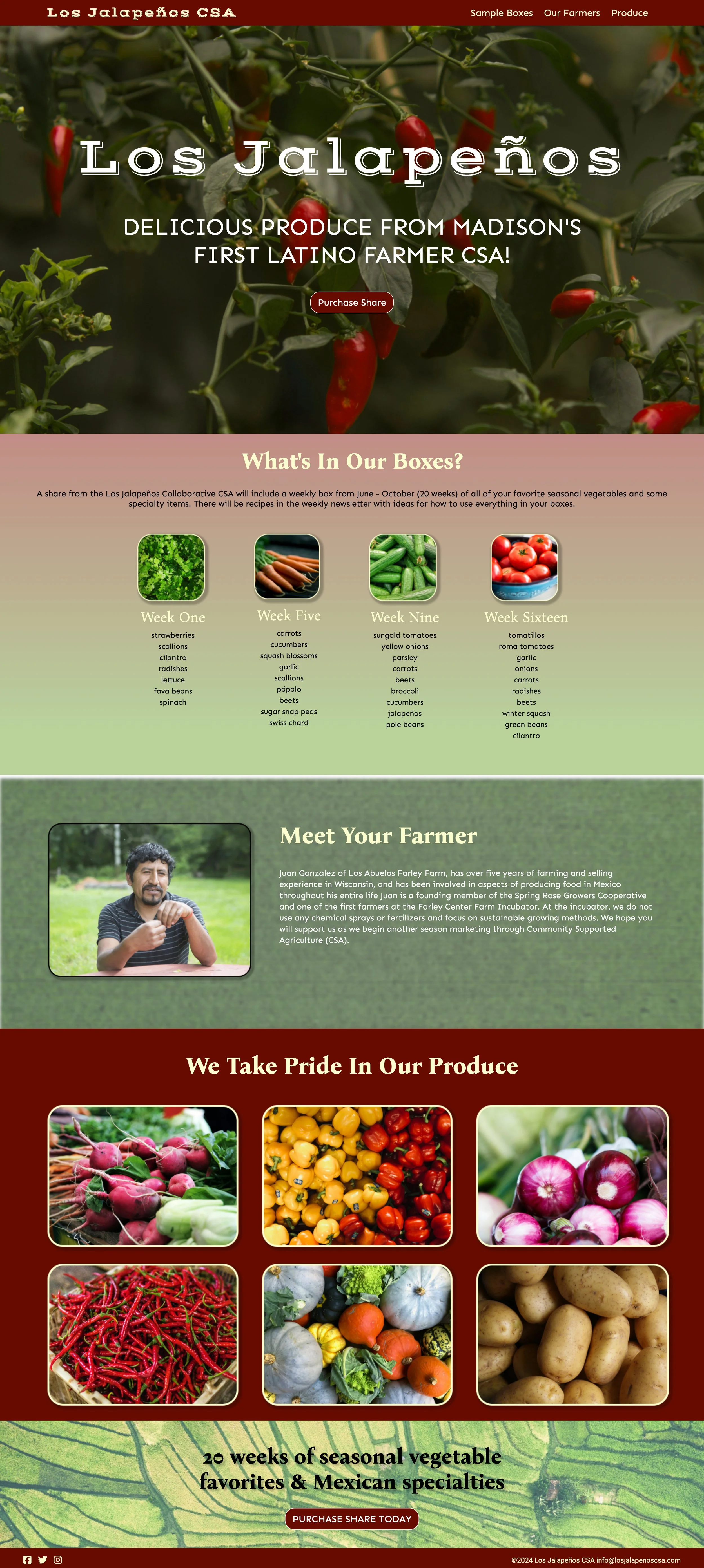 Website homepage for Los Jalapeños CSA, featuring a background image of red jalapeño peppers on plant. Sections include farm produce weekly boxes, farmer profile, and photos of various vegetables like radishes, yellow and red cherry peppers, onions, pumpkins, and potatoes.