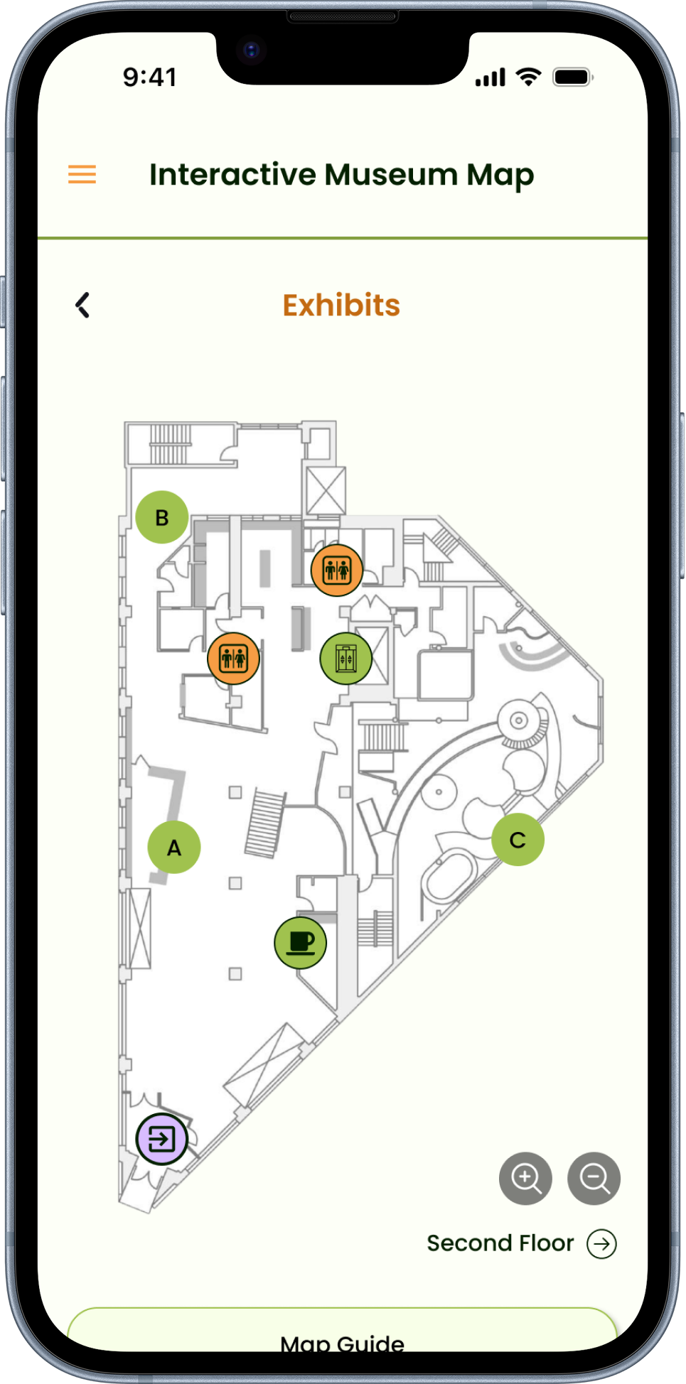 Floor plan of an interactive museum map showing exhibits, restrooms, elevators, and exits on the second floor.