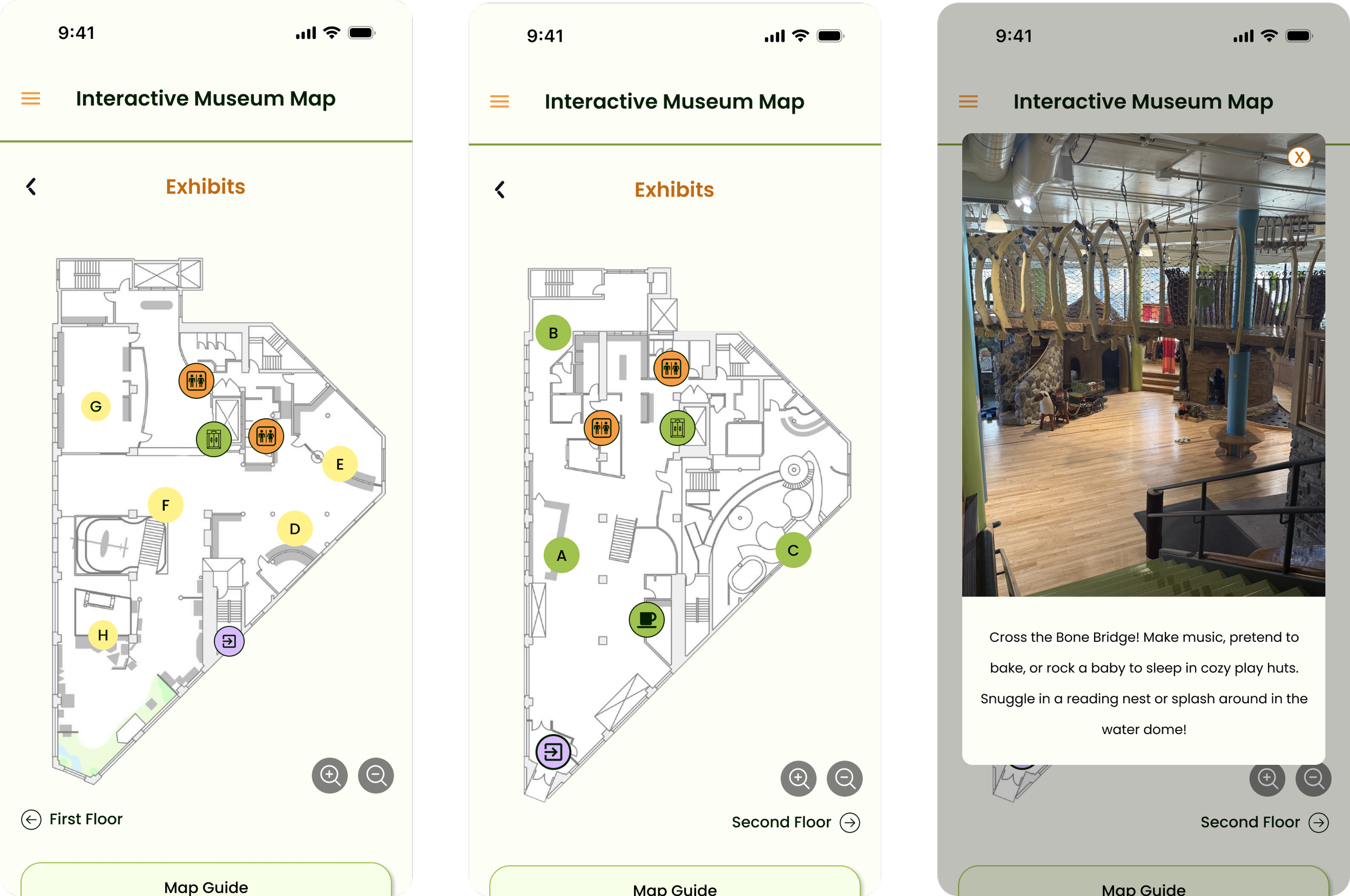 Screenshots of an interactive museum map app with details of exhibits on the first and second floors, and a photo of a play area with wood climbing structures, slides, and play huts.