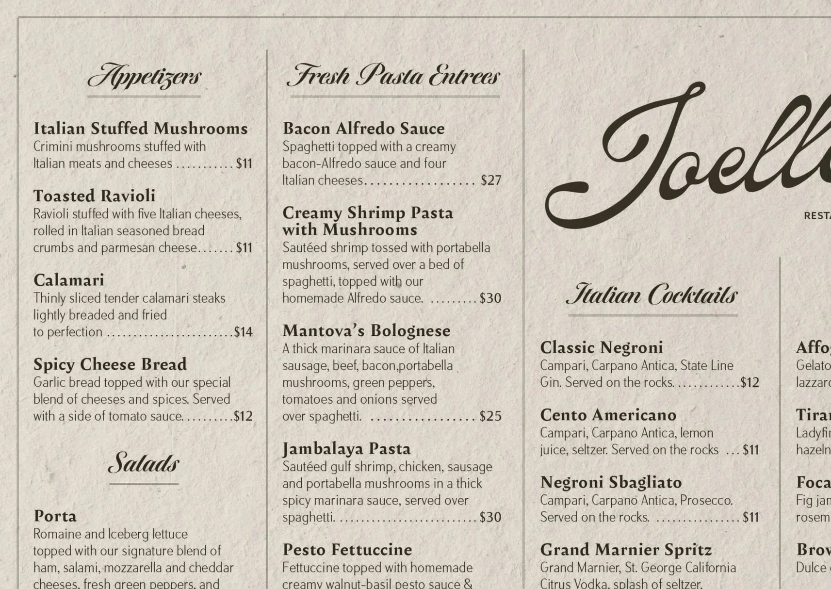 Part of a restaurant menu with sections for Appetizers, Salads, Fresh Pasta Entrées, and Italian Cocktails.