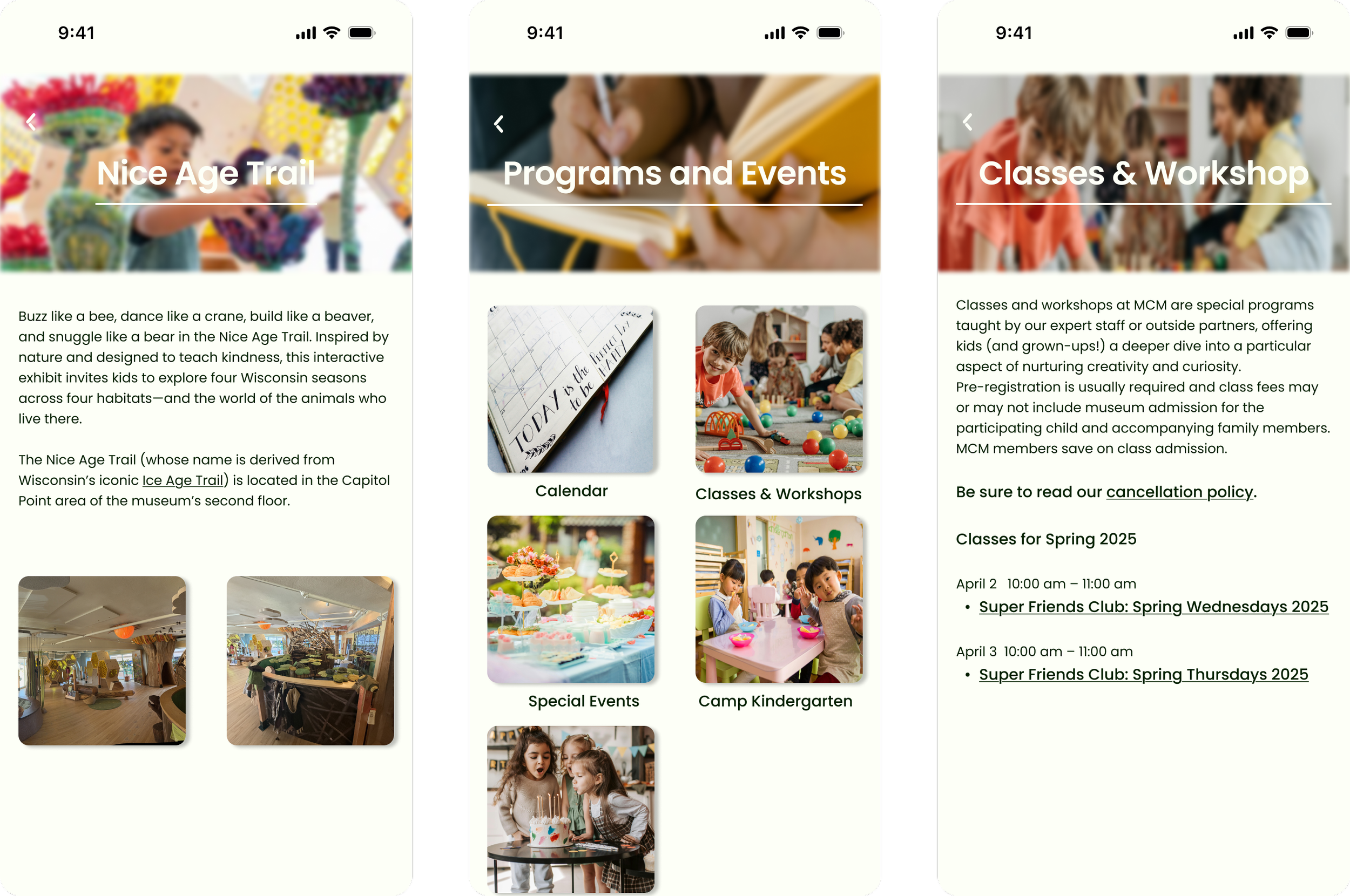 Screenshots of a mobile app interface for a children's museum, displaying sections for 'Nice Age Trail,' 'Programs and Events,' and 'Classes & Workshop'; each section contains descriptive text and images related to museum activities, classes, and exh