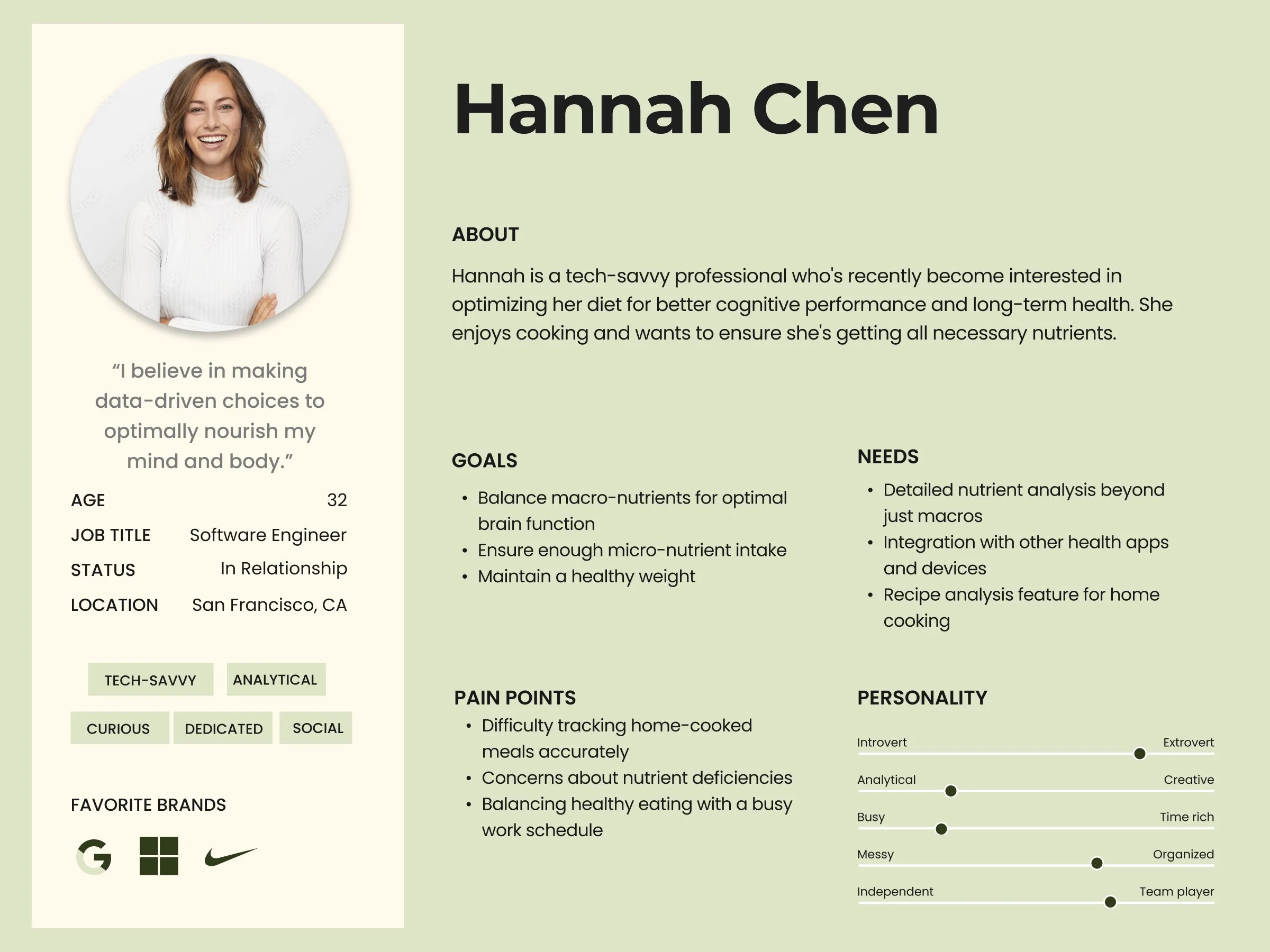 Professional resume or profile summary for Hannah Chen, featuring a photo of a smiling woman with shoulder-length brown hair wearing a white sweater. The document includes sections about her, goals, needs, pain points, personality traits, and favorit