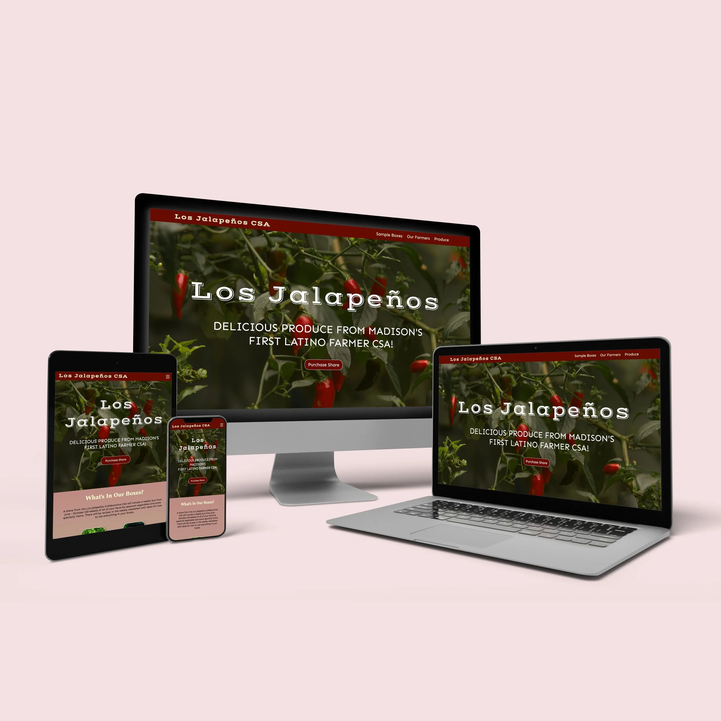 A website called Los Jalapeños displayed on multiple electronic devices, including an iMac, MacBook, iPad, and iPhone, featuring red jalapeño peppers and text about the produce.