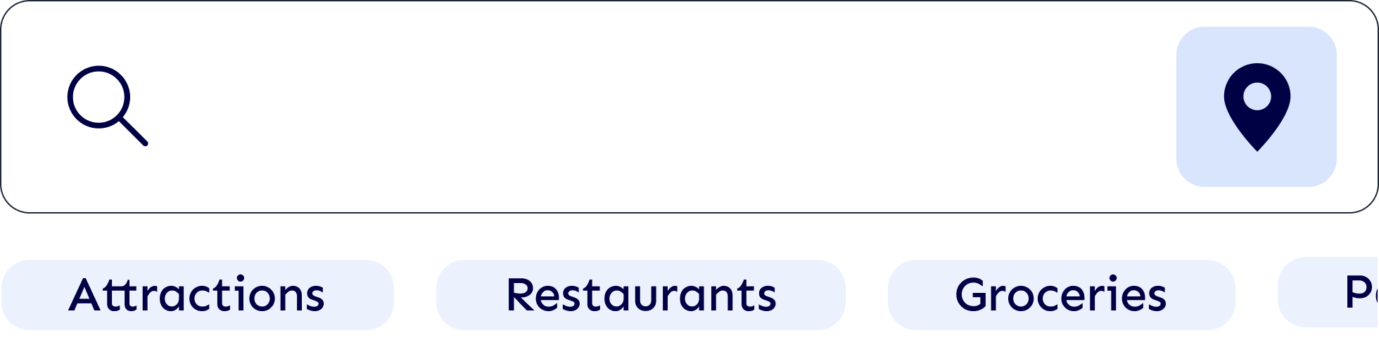A search bar with a magnifying glass icon on the left and a location icon on the right, with category buttons below labeled Attractions, Restaurants, Groceries, and Parking.