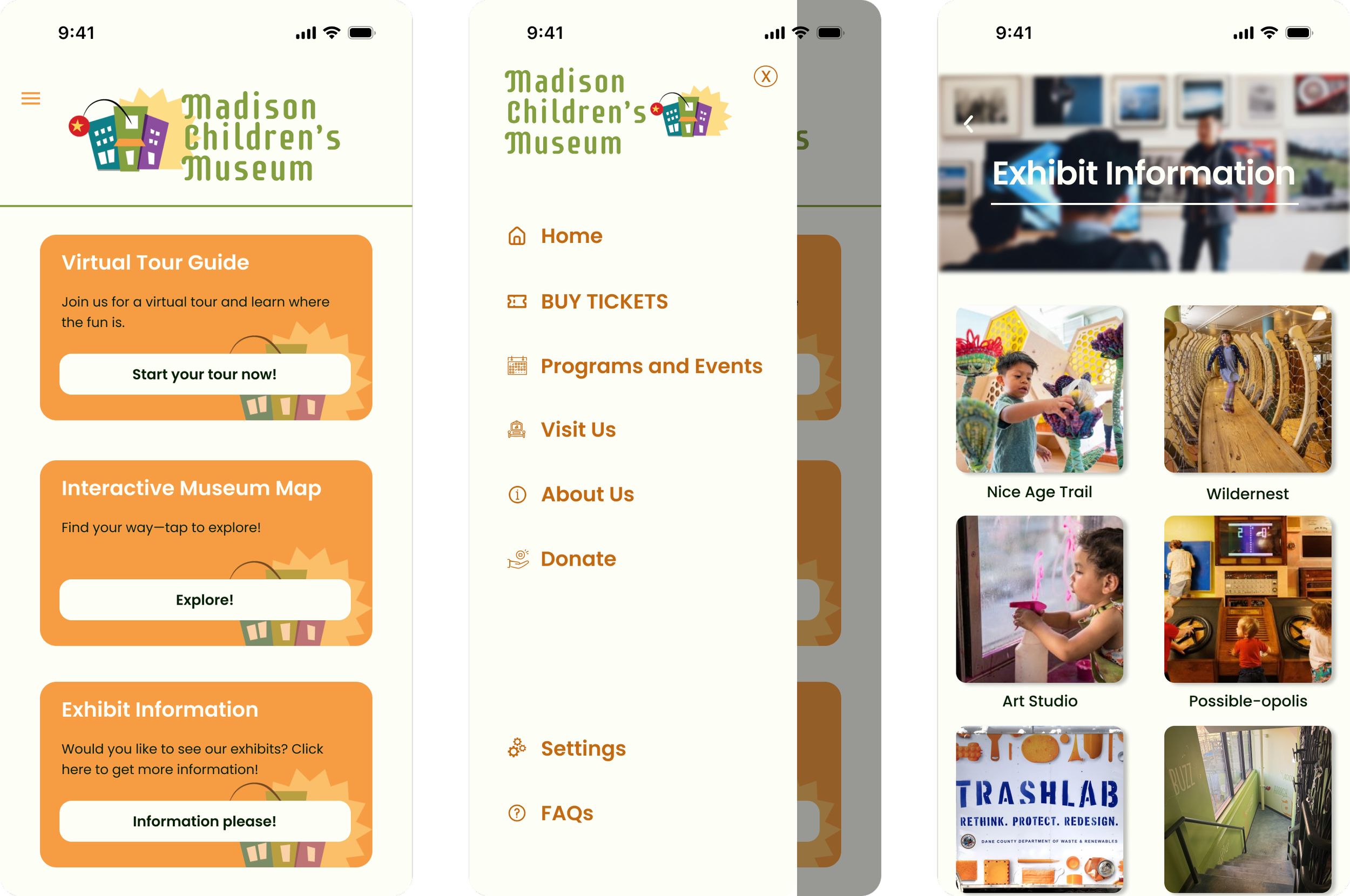 Screenshots of the Madison Children's Museum app interface showing a virtual tour guide, interactive museum map, menu options with links to home, buy tickets, programs and events, visit us, about us, donate, settings, and FAQs. The exhibit informatio