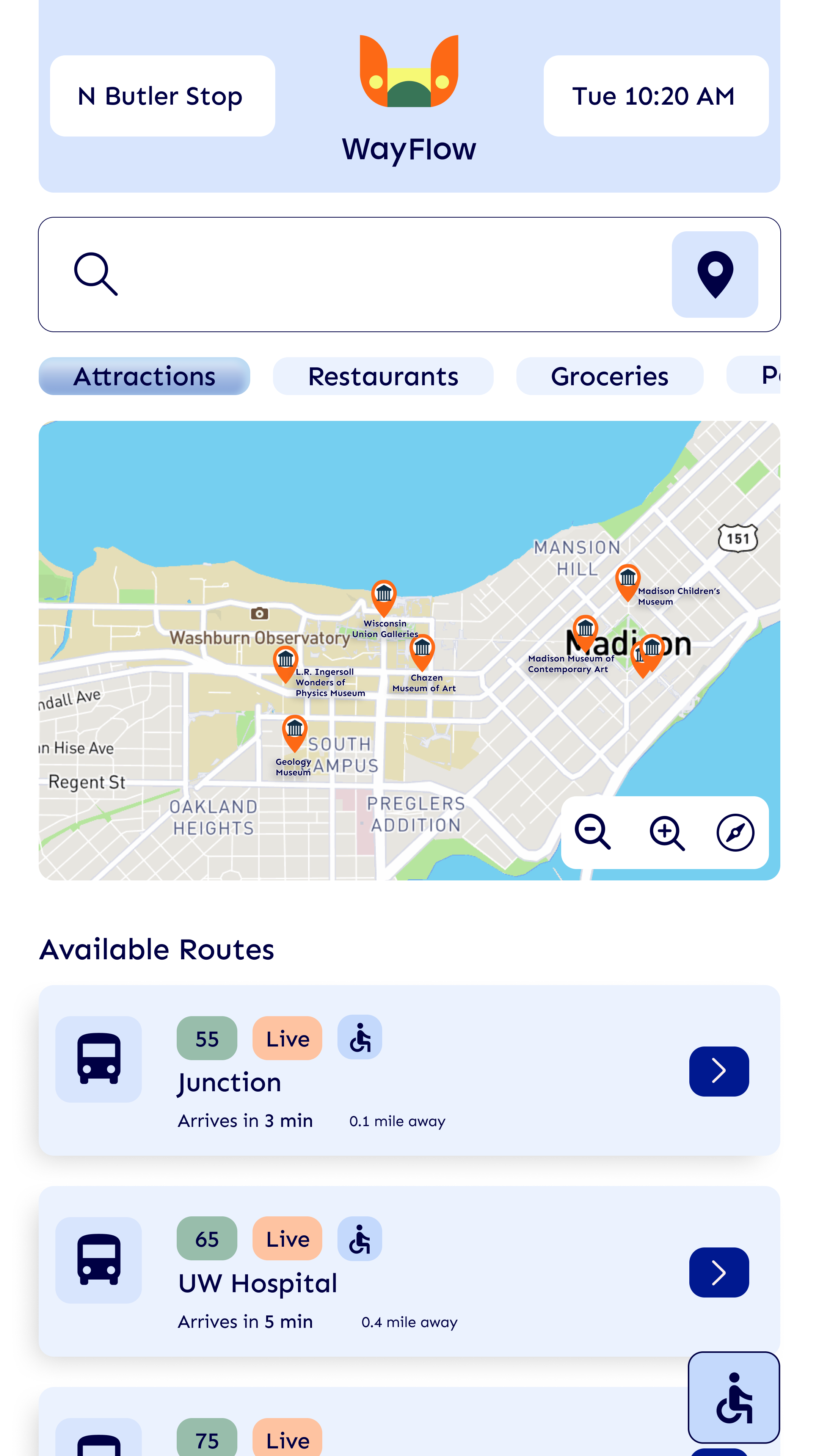 Mobile app interface for WayFlow, showing a map of Madison with various attractions marked and available bus routes listed below, including Route 55 to Junction and Route 65 to UW Hospital.