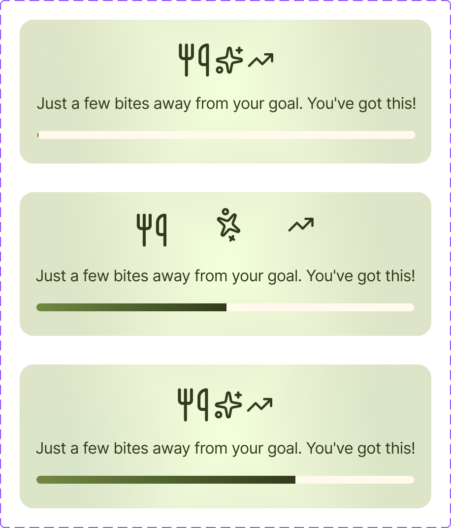 Three progress indicators with motivational messages, featuring icons of a trophy, a star, and an upward arrow, on a pastel background with purple borders. The text reads "Just a few bites away from your goal. You've got this!"