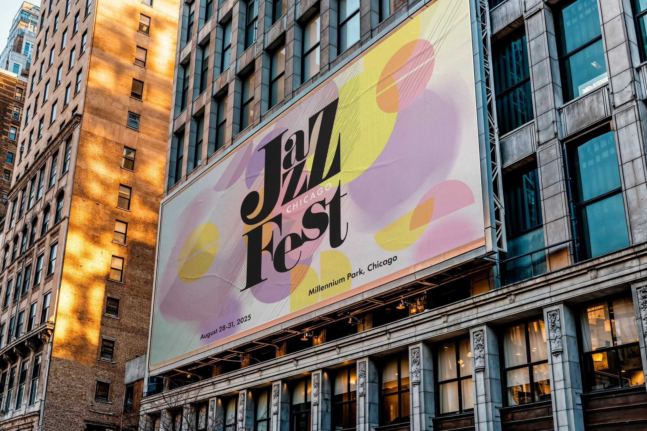 Billboard advertising the Jazz Fest in Millennium Park, Chicago, from August 28 to 31, 2025, with colorful abstract graphics and tall buildings in the background.