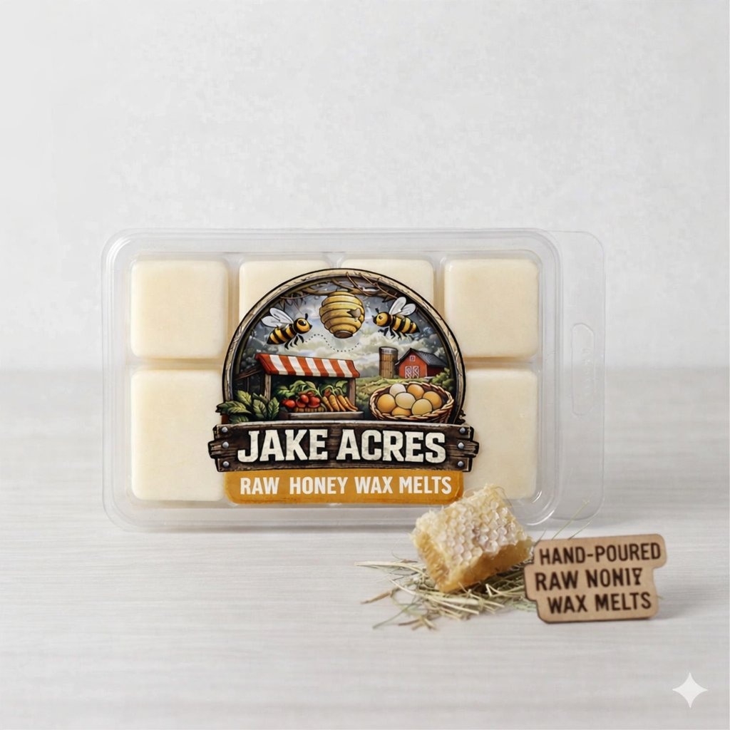 Container of Jake Acres raw honey wax melts, with a piece of honeycomb and a wooden sign reading 'Hand-Poured Raw Nonified Wax Melts' in front.