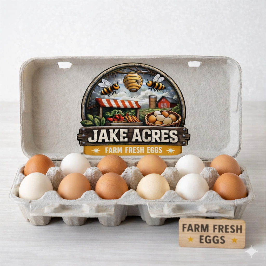 A carton of mixed farm fresh eggs with a decorative label reading "Jake Acres" and "Farm Fresh Eggs," placed on a light-colored surface.